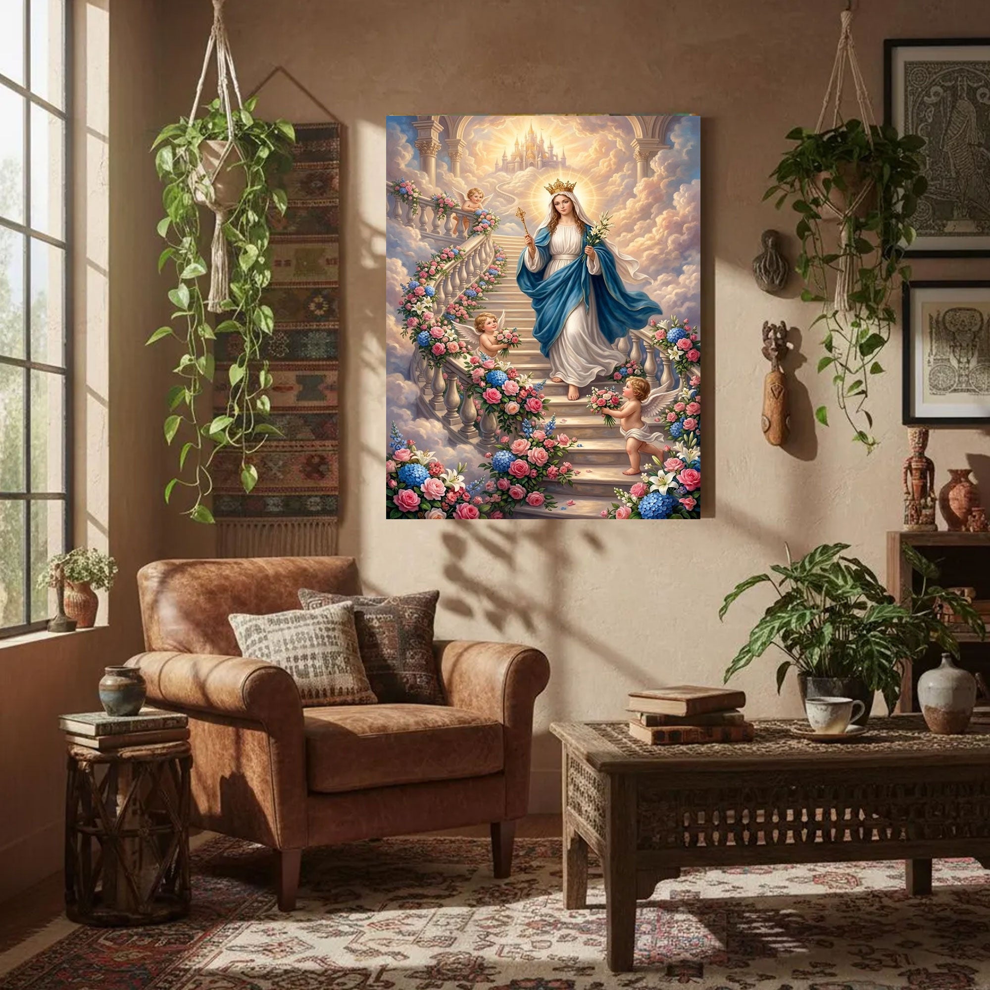 Queen of Heaven Virgin Mary Canvas Print, Catholic Madonna Crowned Wall Art, Heavenly Floral Garden Scene, Sacred Christian Decor, Inspirational Faith Gift