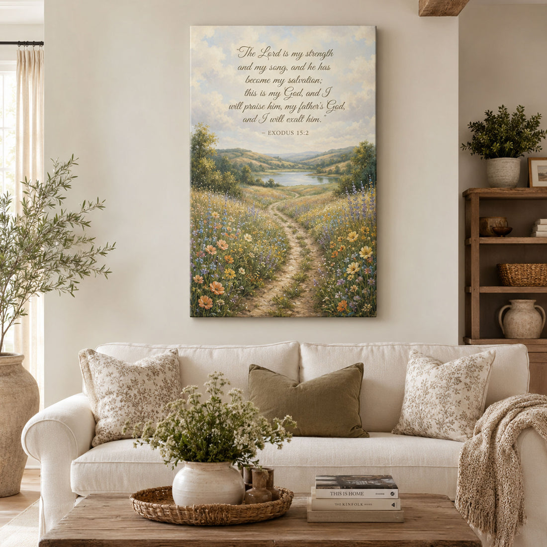 Exodus 15:2 The Lord Is My Strength Canvas Print, Christian Country Path Meadow Wall Art, Extra Wide Bible Verse Decor