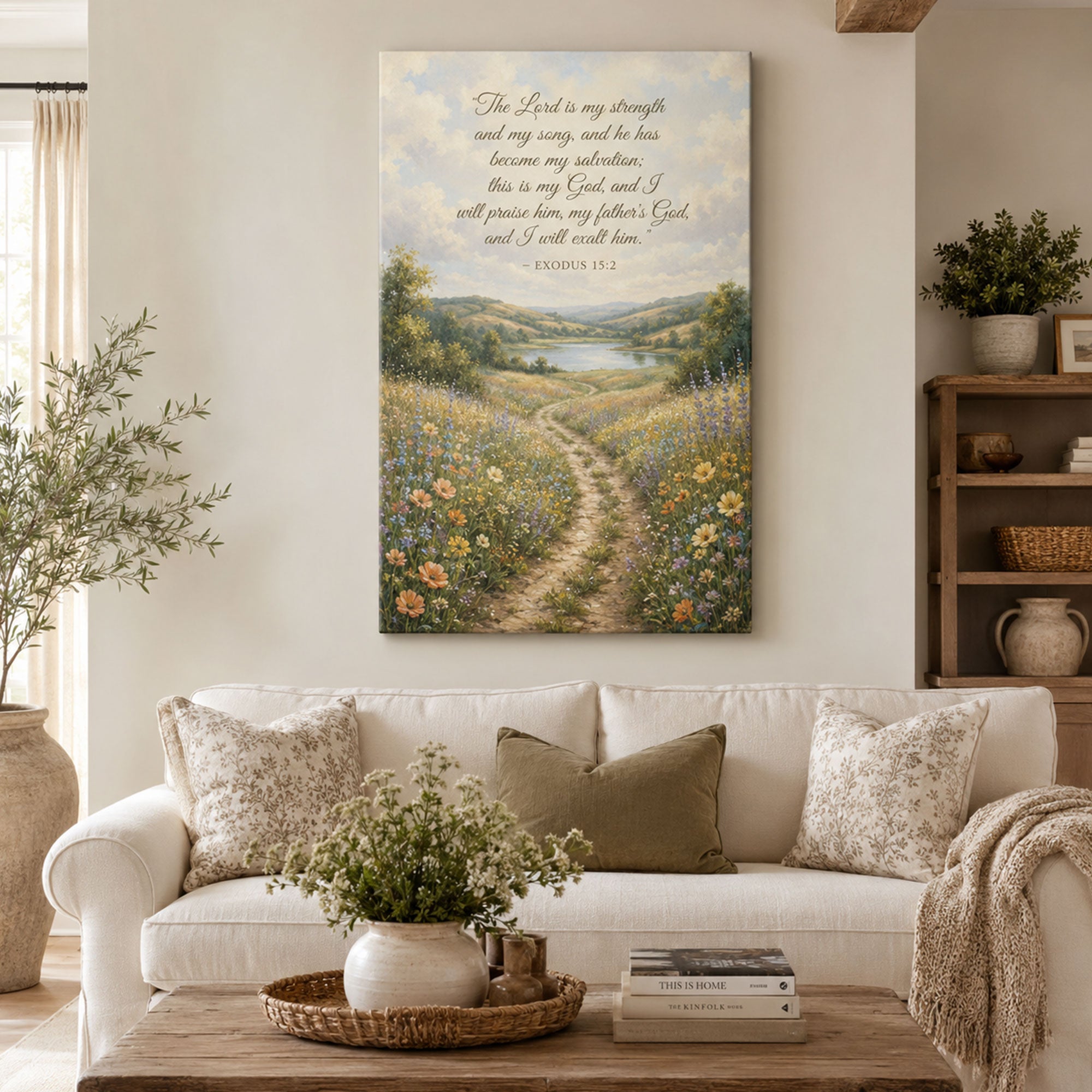 Exodus 15:2 The Lord Is My Strength Canvas Print, Christian Country Path Meadow Wall Art, Extra Wide Bible Verse Decor