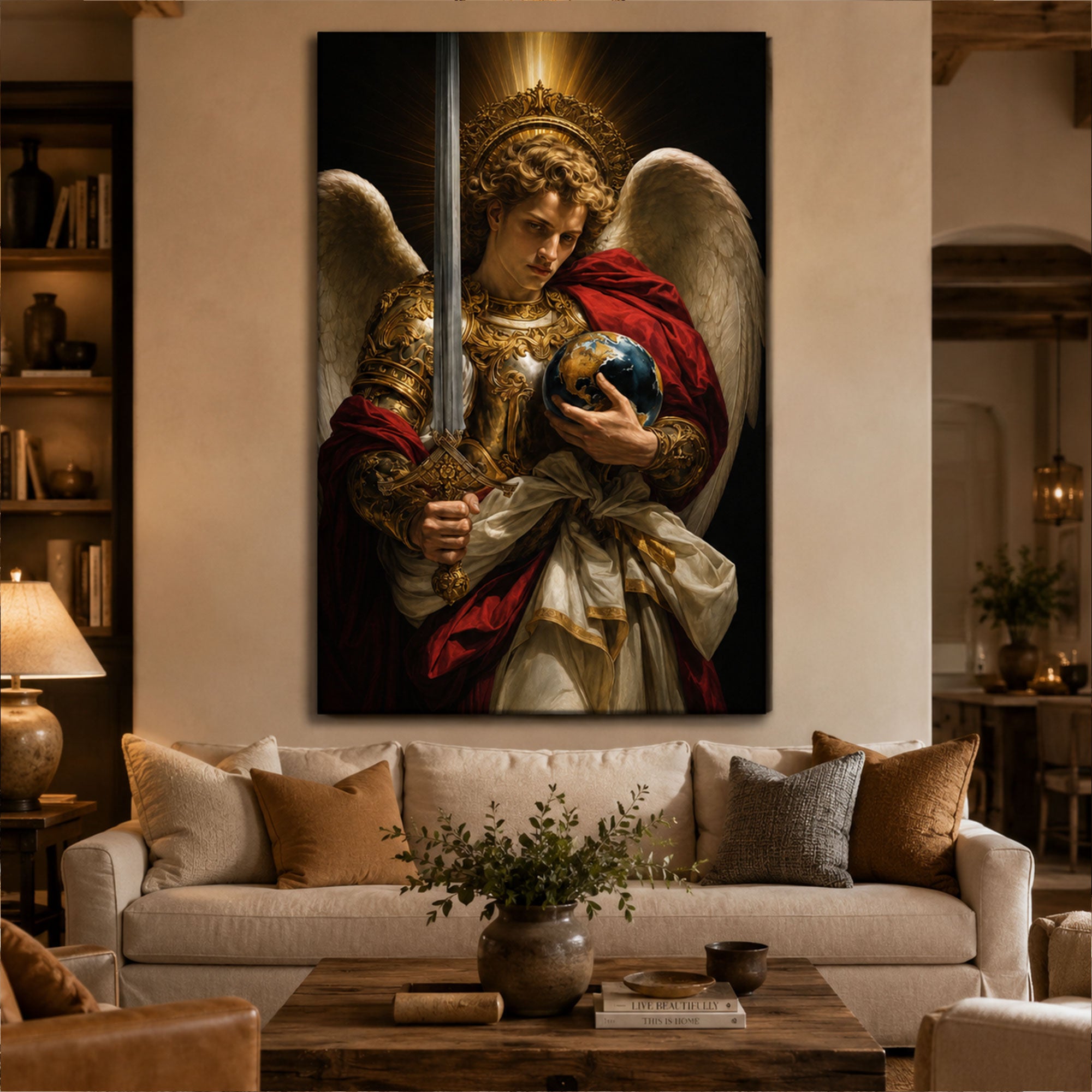 Saint Michael with Globe and Sword Canvas Print, Catholic Archangel Wall Art, Faith Home Decor Gift