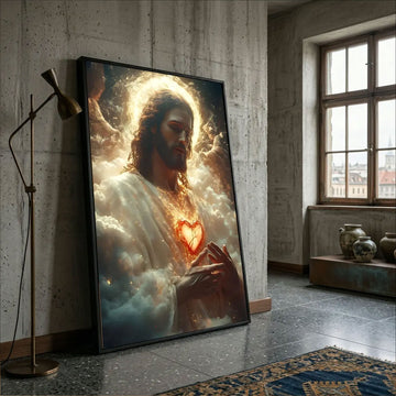 Sacred Heart of Jesus Canvas Print, Oversized Christian Wall Art, Illuminated Halo Portrait, Religious Home Decor
