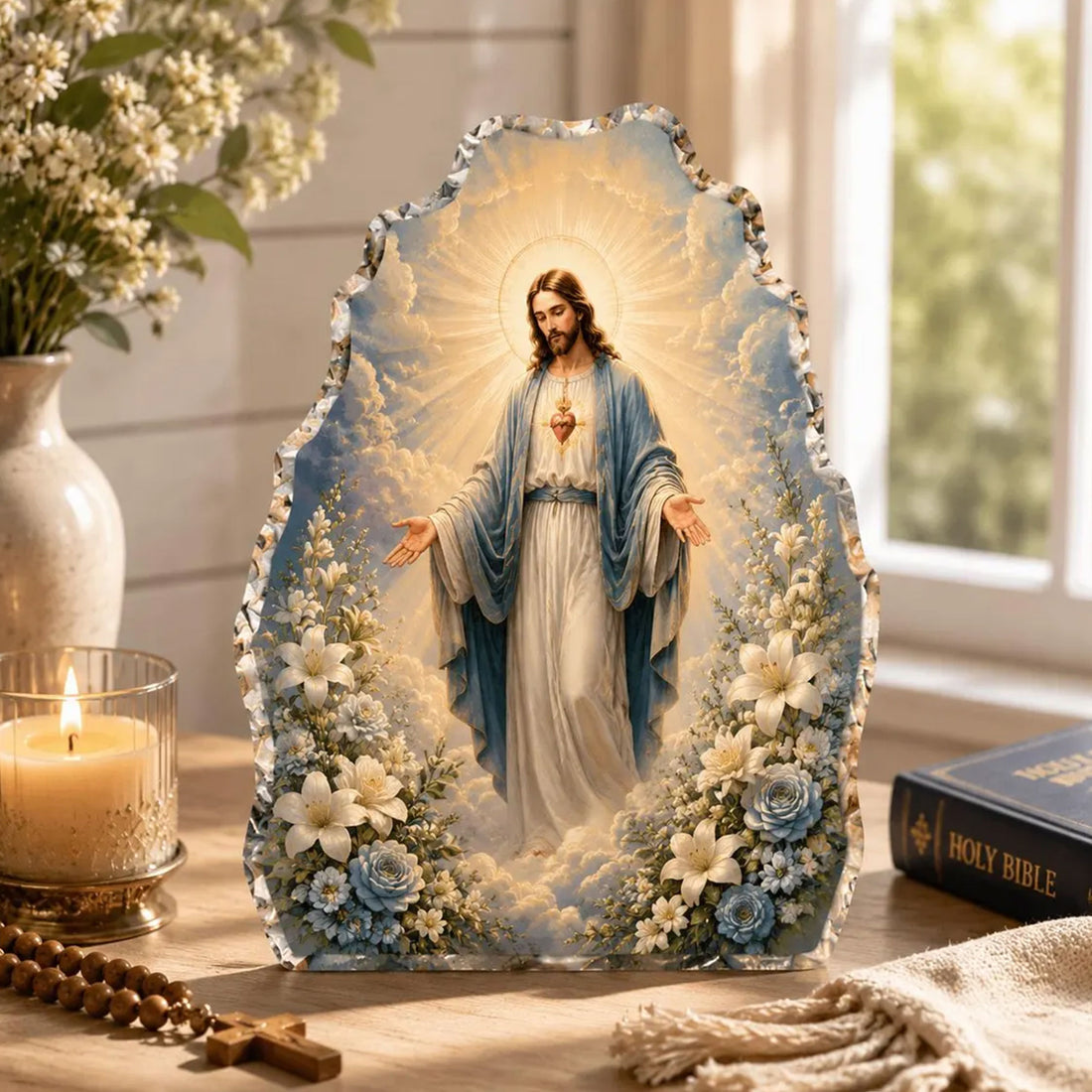 Sacred Heart of Jesus Acrylic Desk Plaque, Floral Catholic Christian Decor, Religious Faith Gift