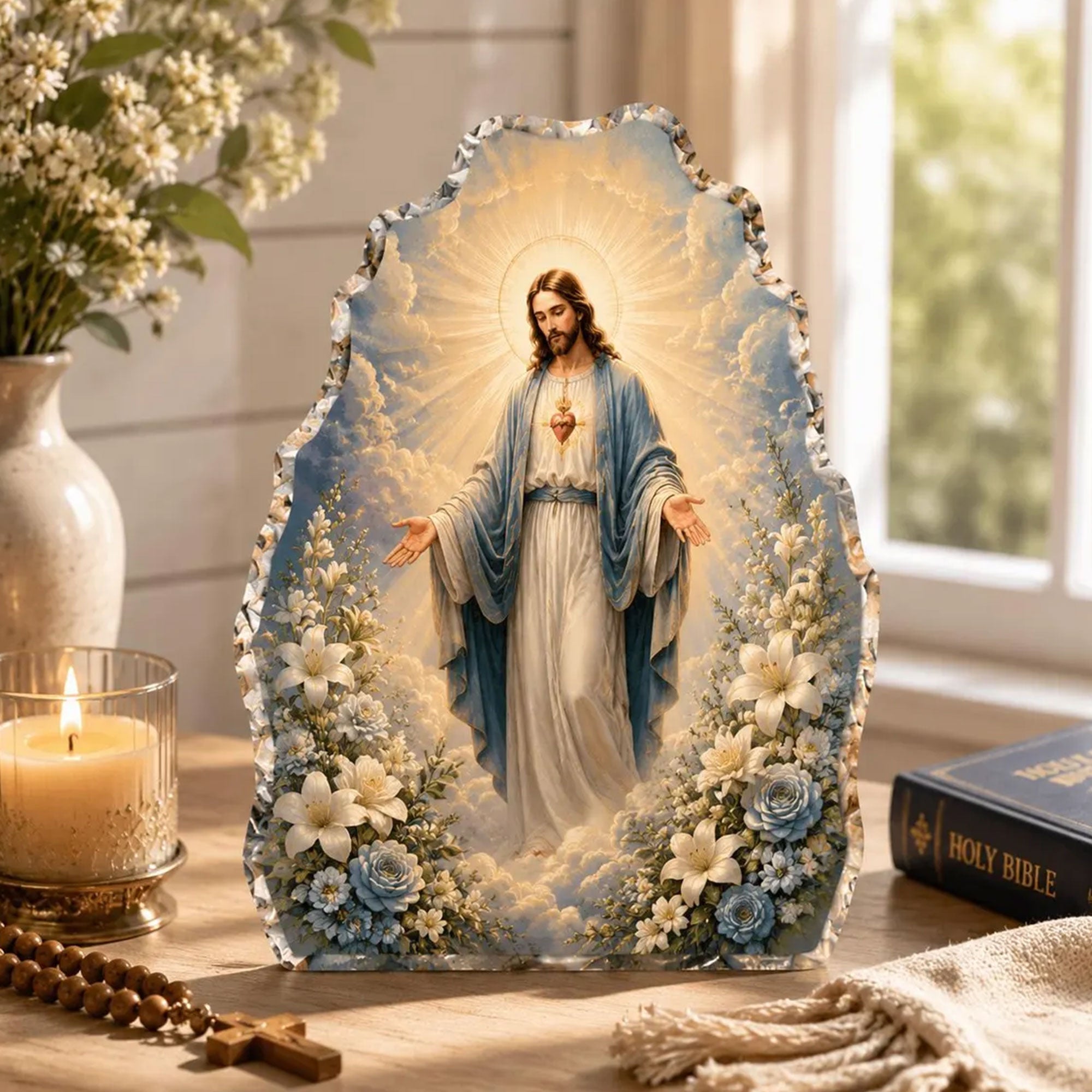 Sacred Heart of Jesus Acrylic Desk Plaque, Floral Catholic Christian Decor, Religious Faith Gift