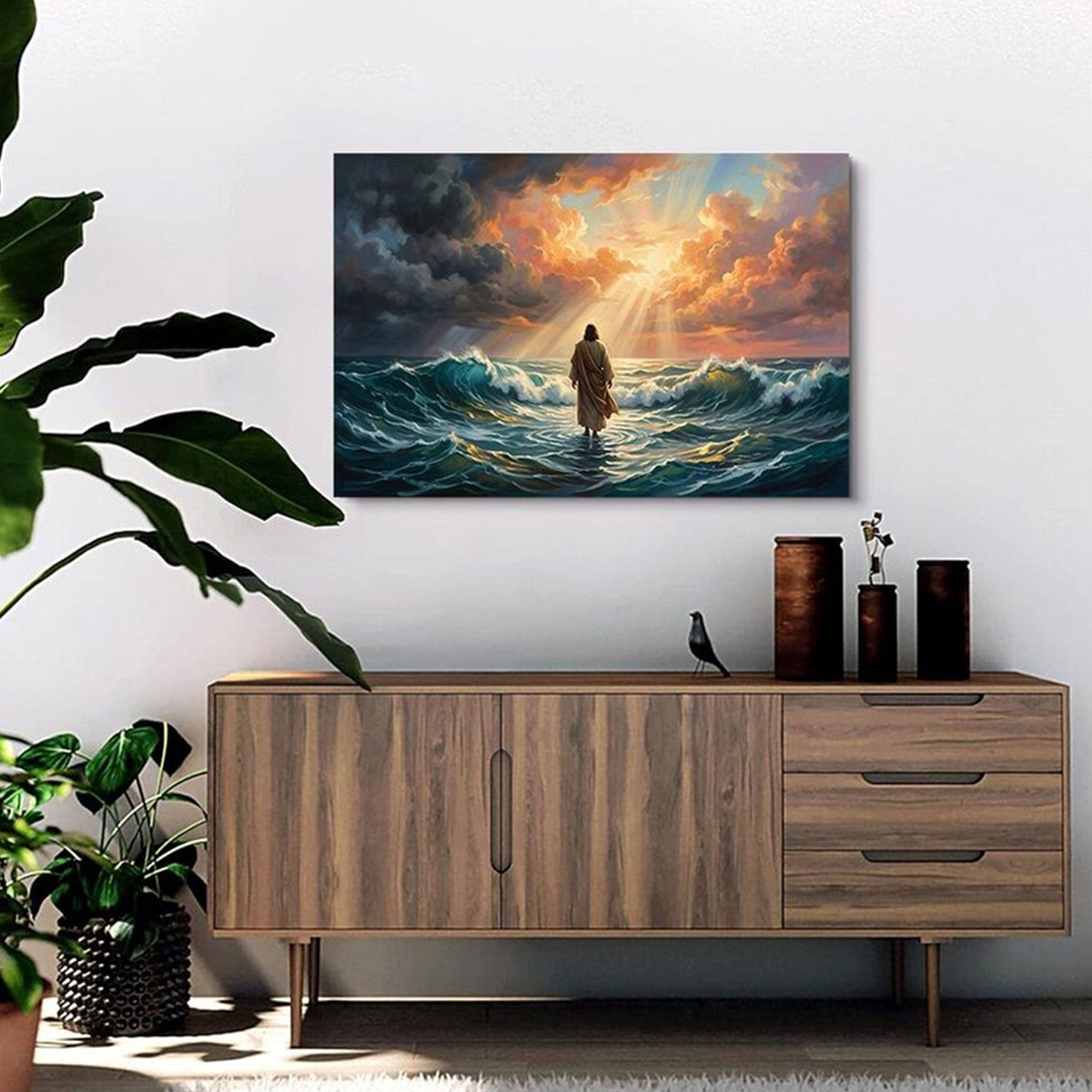 Jesus Walking on Water Canvas Wall Art, Christian Faith Ocean Miracle Decor, Inspirational Religious Artwork