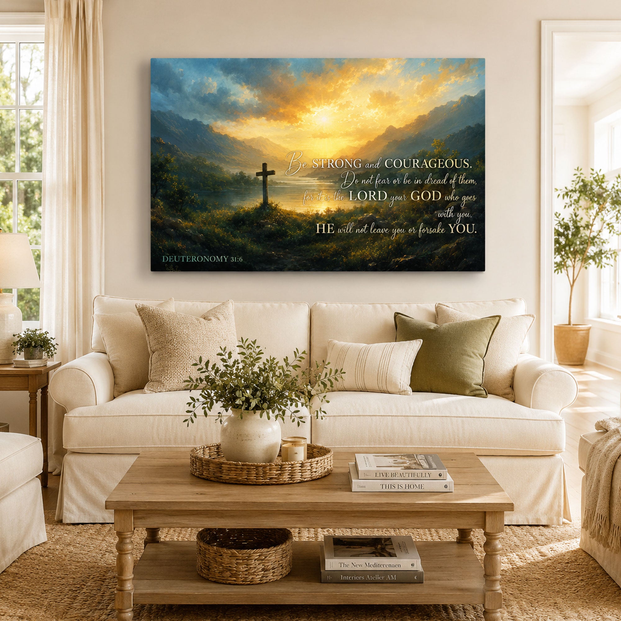 Be Strong and Courageous Deuteronomy 31:6 Canvas Print, Cross Sunrise Scripture Decor