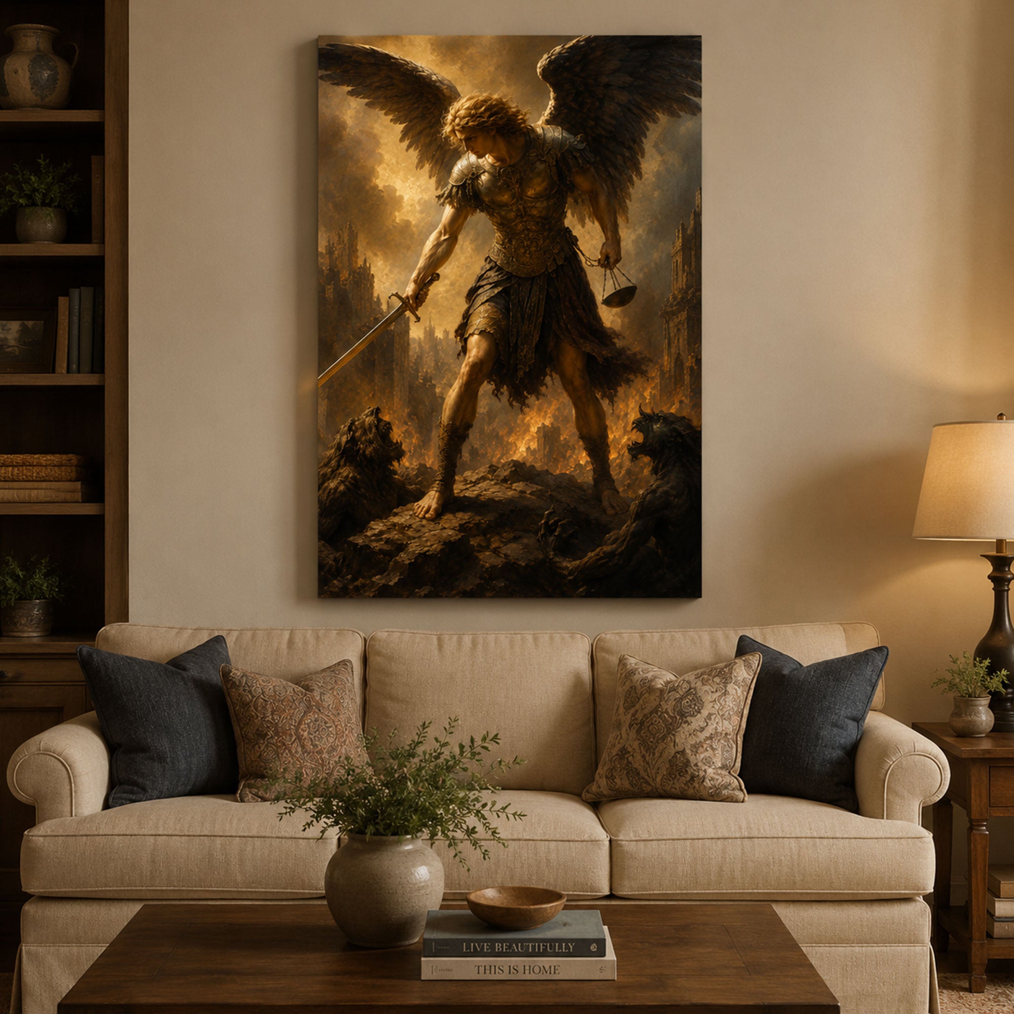 Saint Michael with Sword and Scales Canvas Print, Catholic Archangel Wall Art, Faith Home Decor Gift