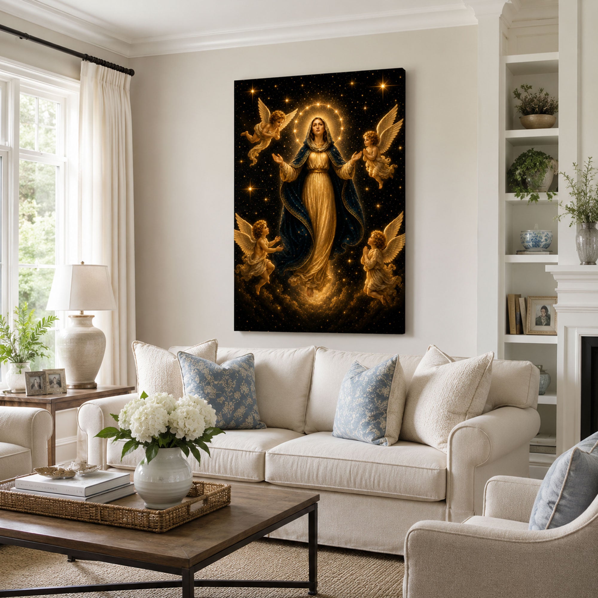 Virgin Mary with Angels Canvas Print, Catholic Home Decor