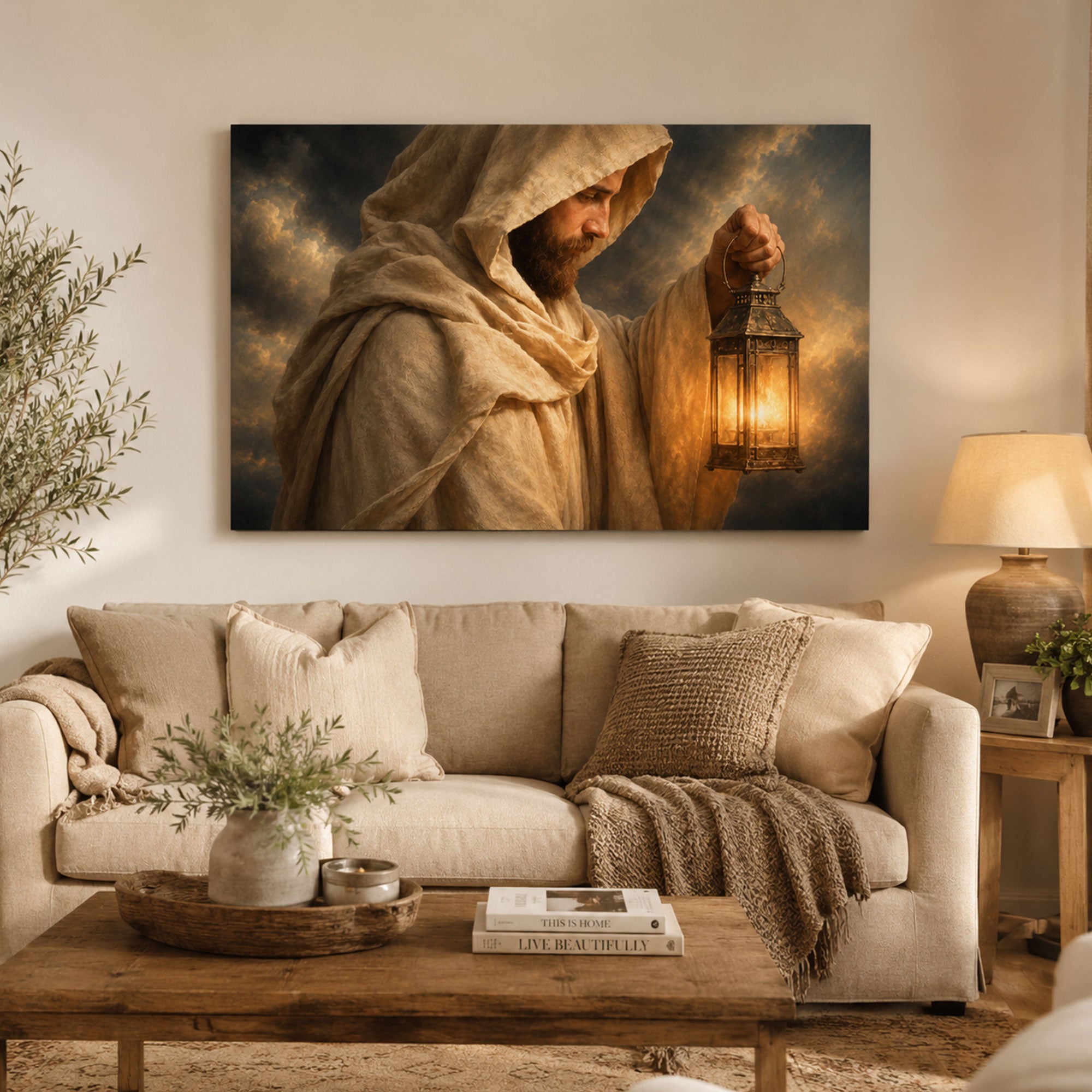 Jesus Holding Lantern Panoramic Canvas Print, Light of the World Christian Wall Art, Faith Home Decor Gift