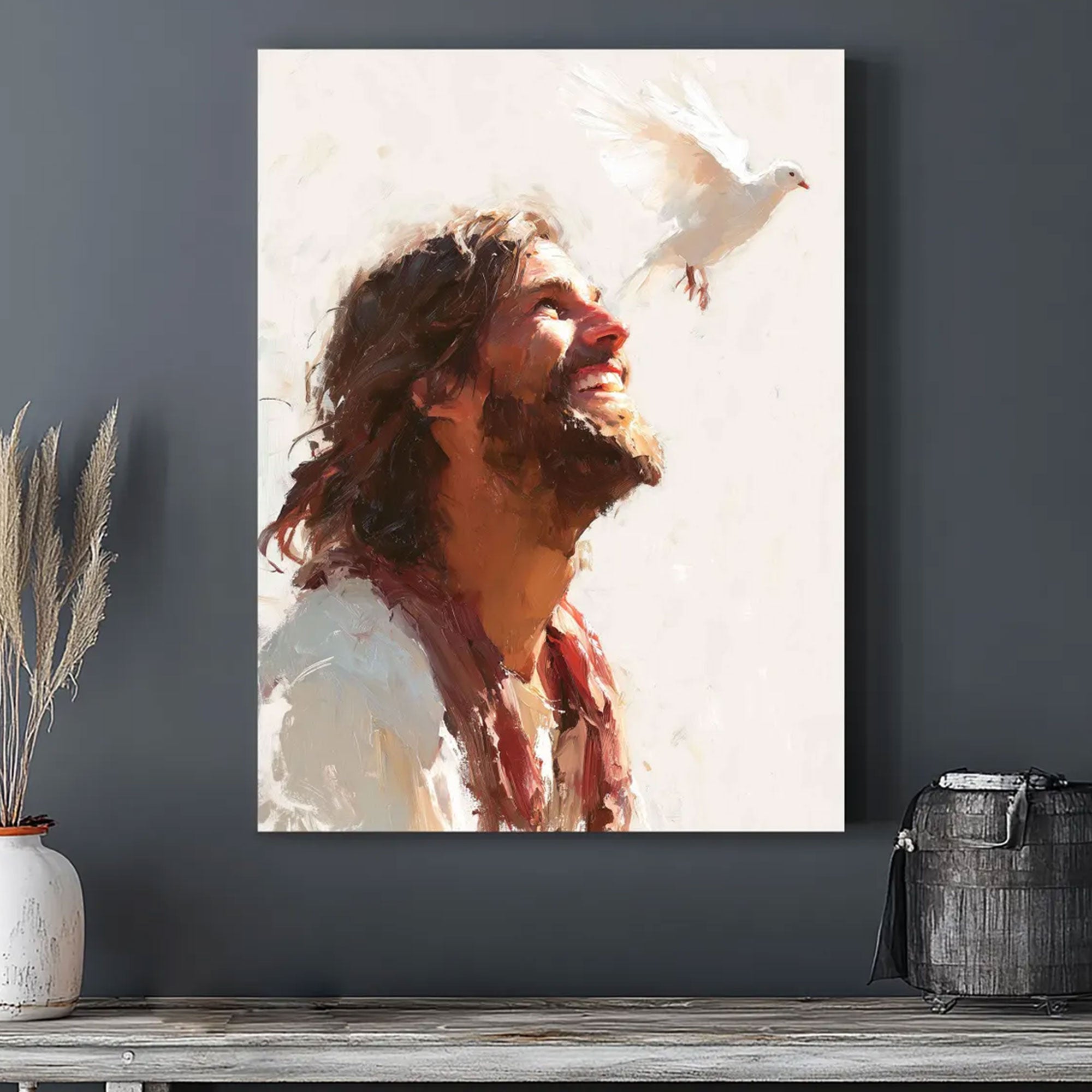 Jesus With Dove Canvas Print, Holy Spirit Christian Wall Art, Peaceful Savior Faith Decor