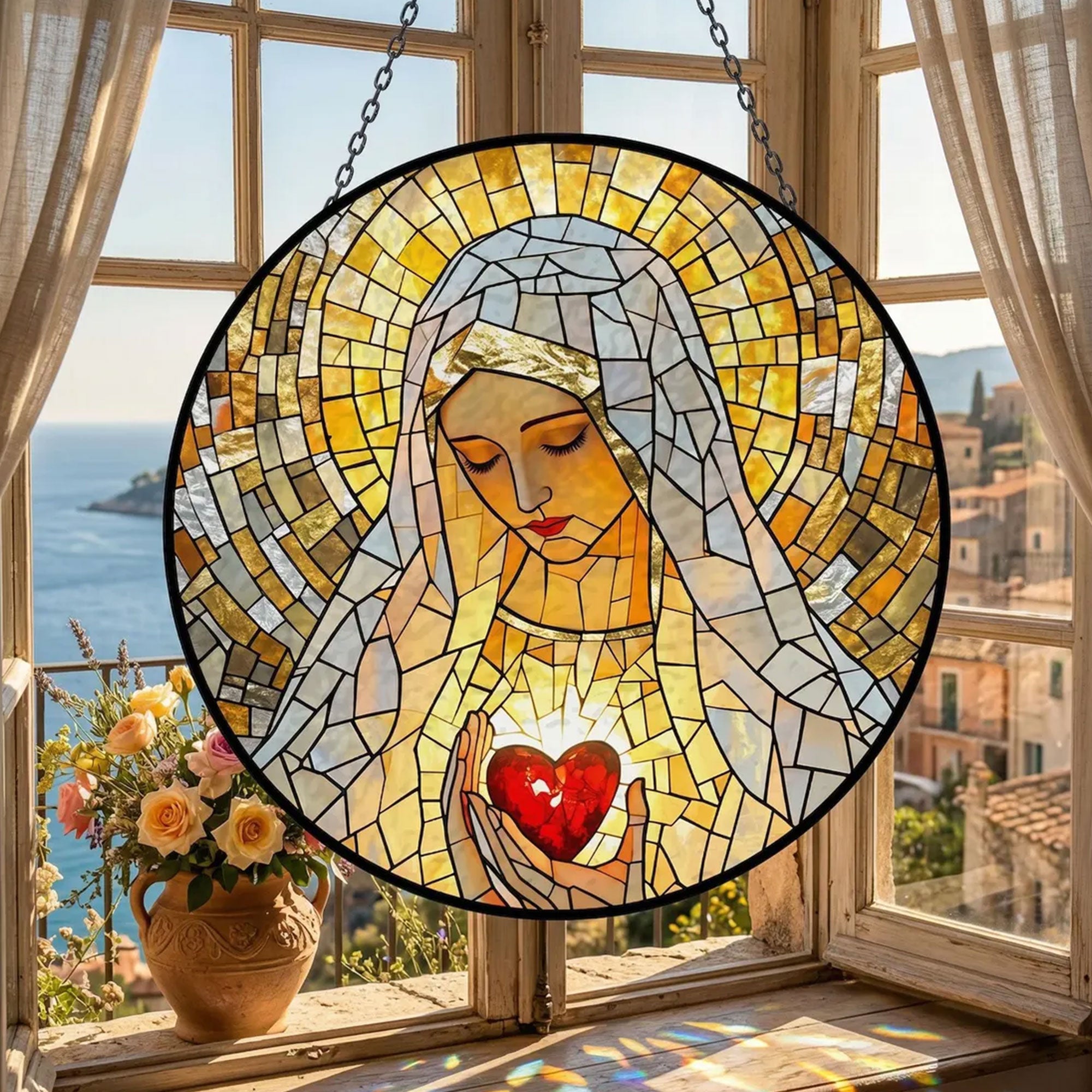 Virgin Mary Stained Glass Suncatcher, Catholic Window Hanging, Divine Mother Gift for Mom