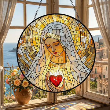 Virgin Mary Stained Glass Suncatcher, Catholic Window Hanging, Divine Mother Gift for Mom