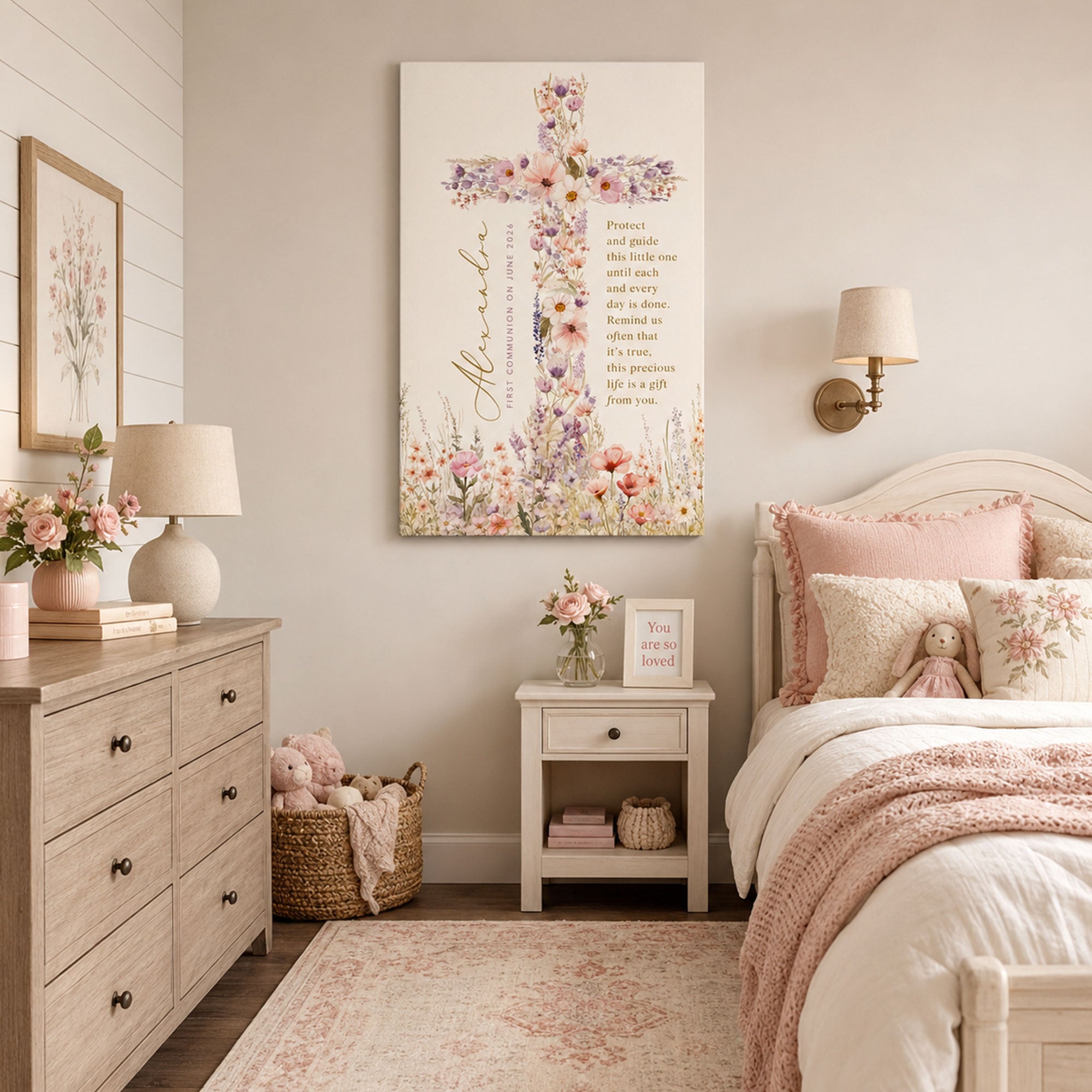 Custom First Communion Gift for Girl, Personalized Floral Cross Canvas Print, Christian Confirmation Baptism Keepsake