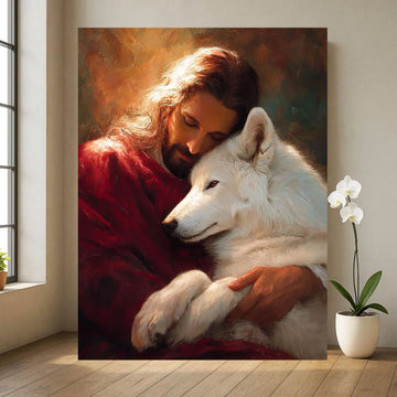 Jesus Holding Wolf Canvas Wall Art, Symbol of Redemption and Transformation, Christian Faith Decor, Spiritual Healing Artwork, Inspirational Home Gift