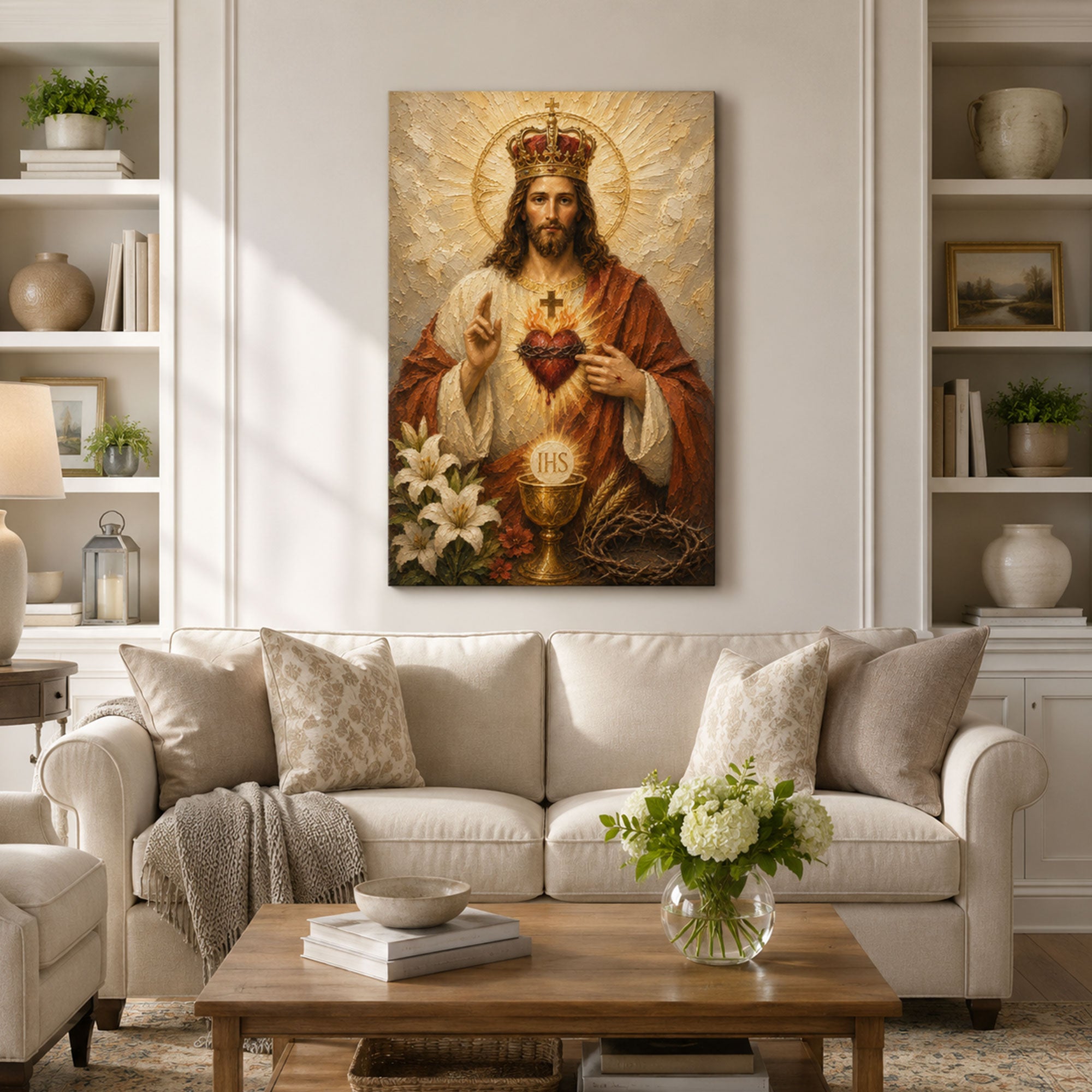 Christ the King Sacred Heart Canvas Print, Catholic Eucharist Wall Art, White and Gold Faith Home Decor Gift