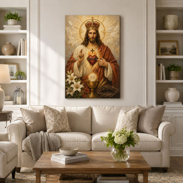 Christ the King Sacred Heart Canvas Print, Catholic Eucharist Wall Art, White and Gold Faith Home Decor Gift