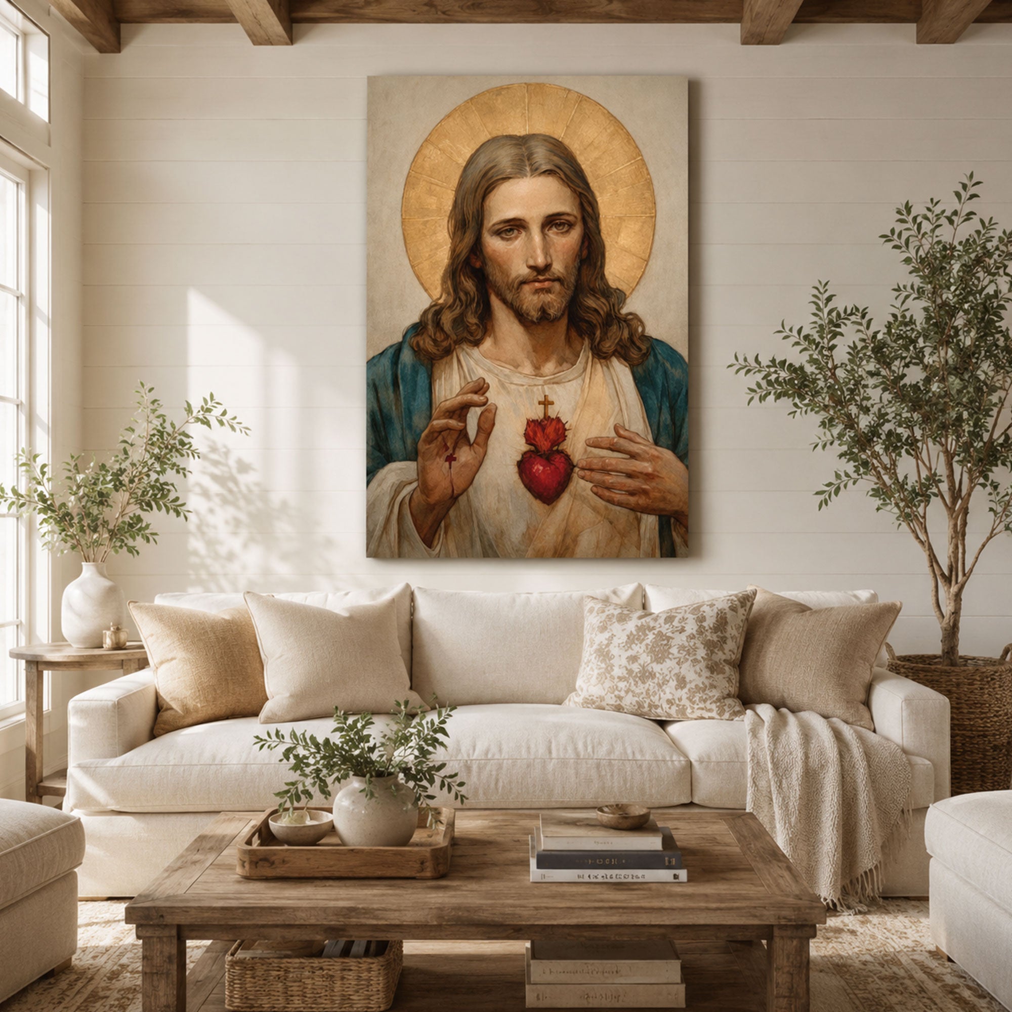 Sacred Heart of Jesus Watercolor Canvas Print, Catholic Christian Wall Art, Religious Faith Home Decor