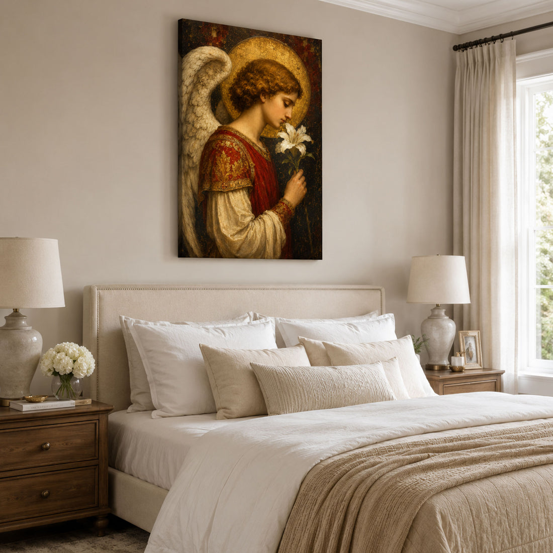 Angel Holding a White Lily Canvas Print, Christian Home Decor