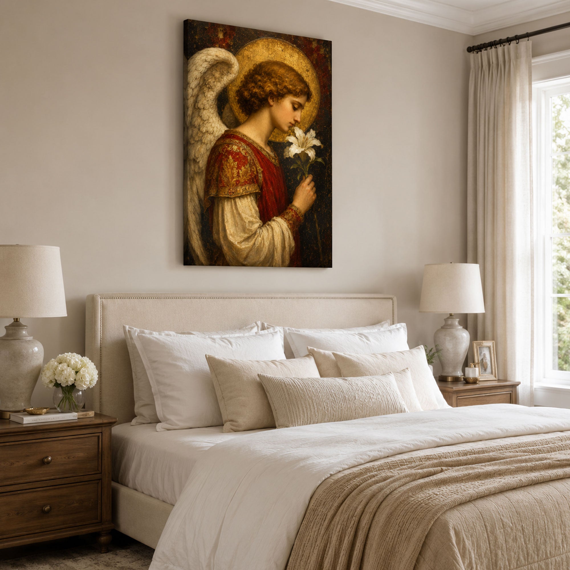 Angel Holding a White Lily Canvas Print, Christian Home Decor