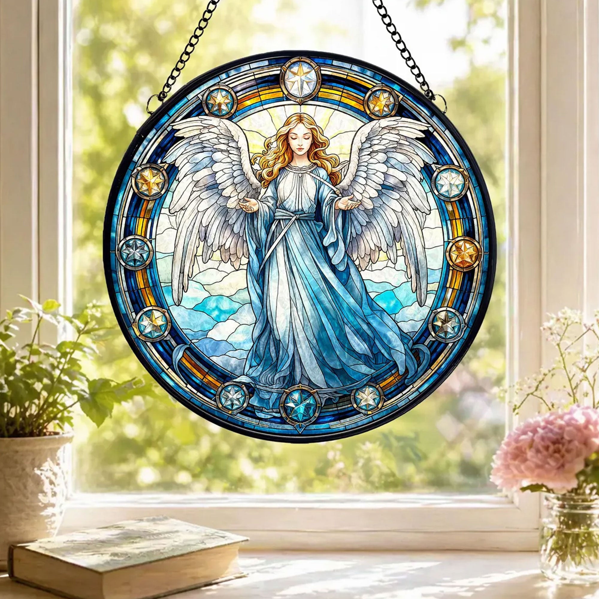 Guardian Angel Stained Glass Suncatcher, Religious Window Hanging Gift