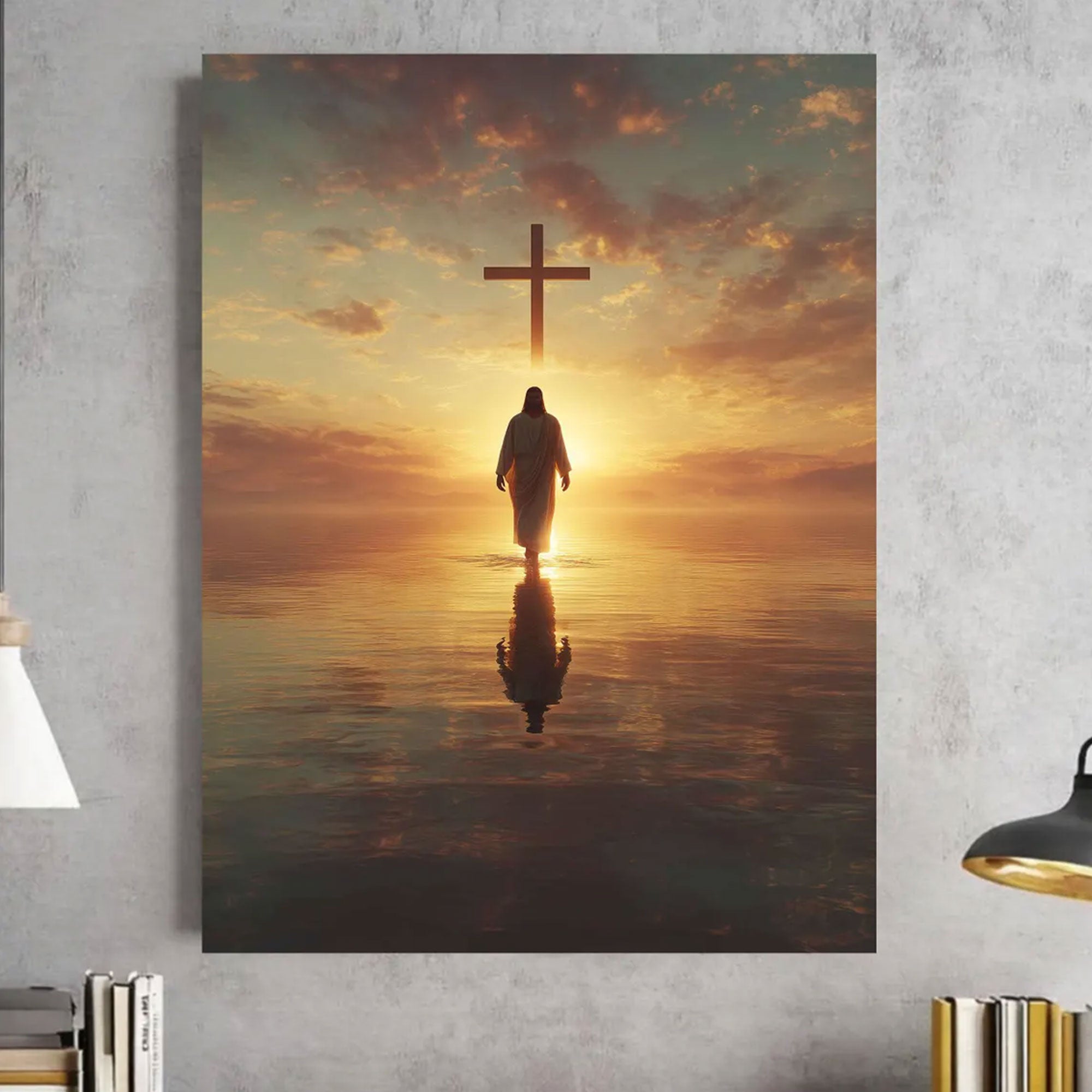 Jesus Walking on Water Canvas Art, Sunrise Cross Christian Faith Decor, Spiritual Reflection Wall Artwork