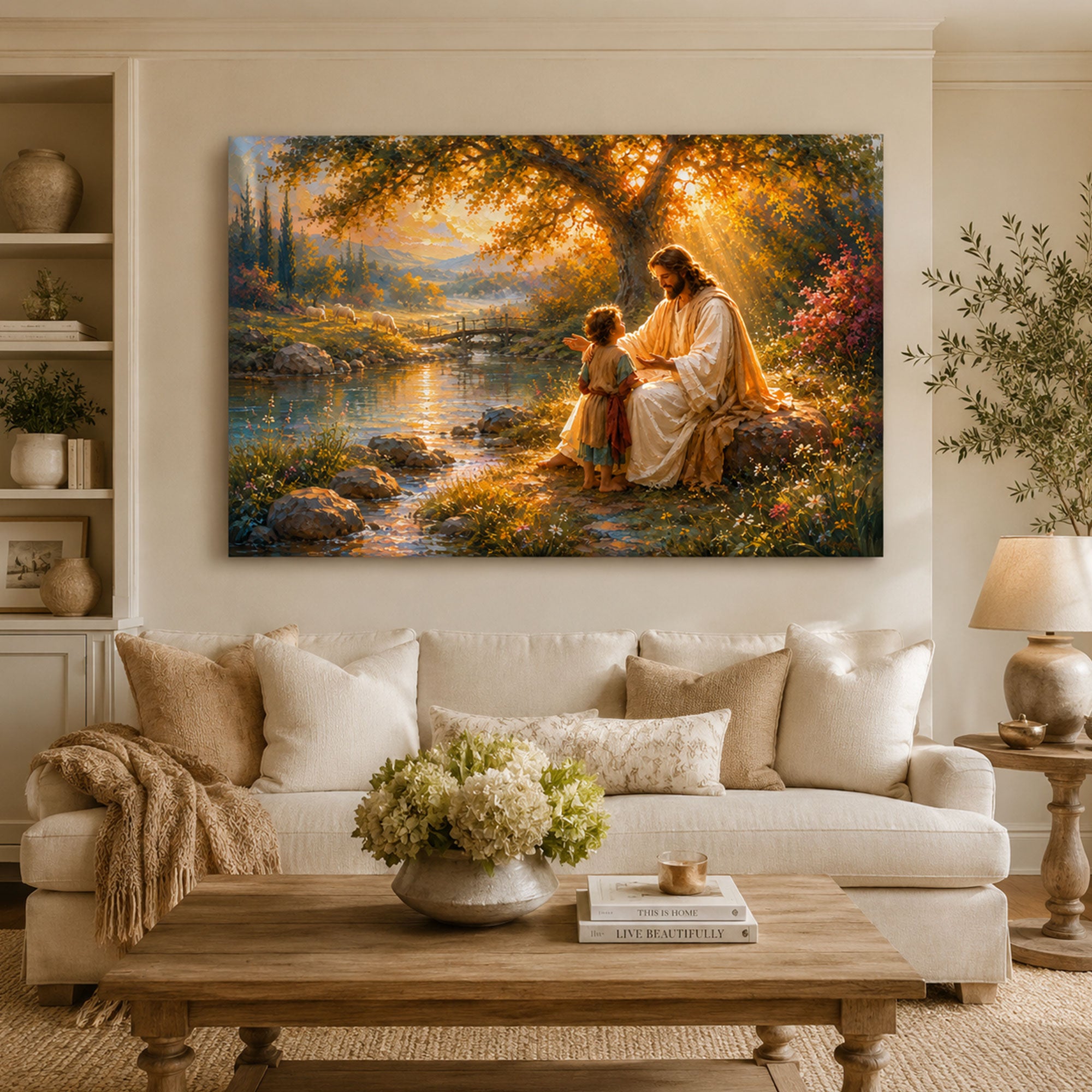 Jesus with Child by the River Canvas Print, Peaceful Christian Wall Art, Family Faith Home Decor