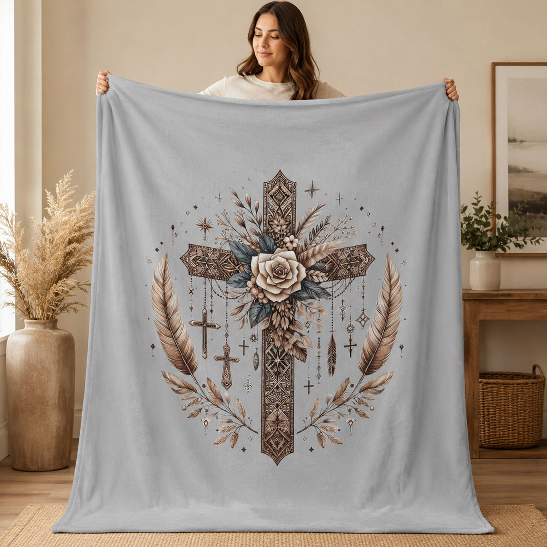 Boho Floral Cross Fleece Blanket, Christian Faith Throw, Religious Gift for Women