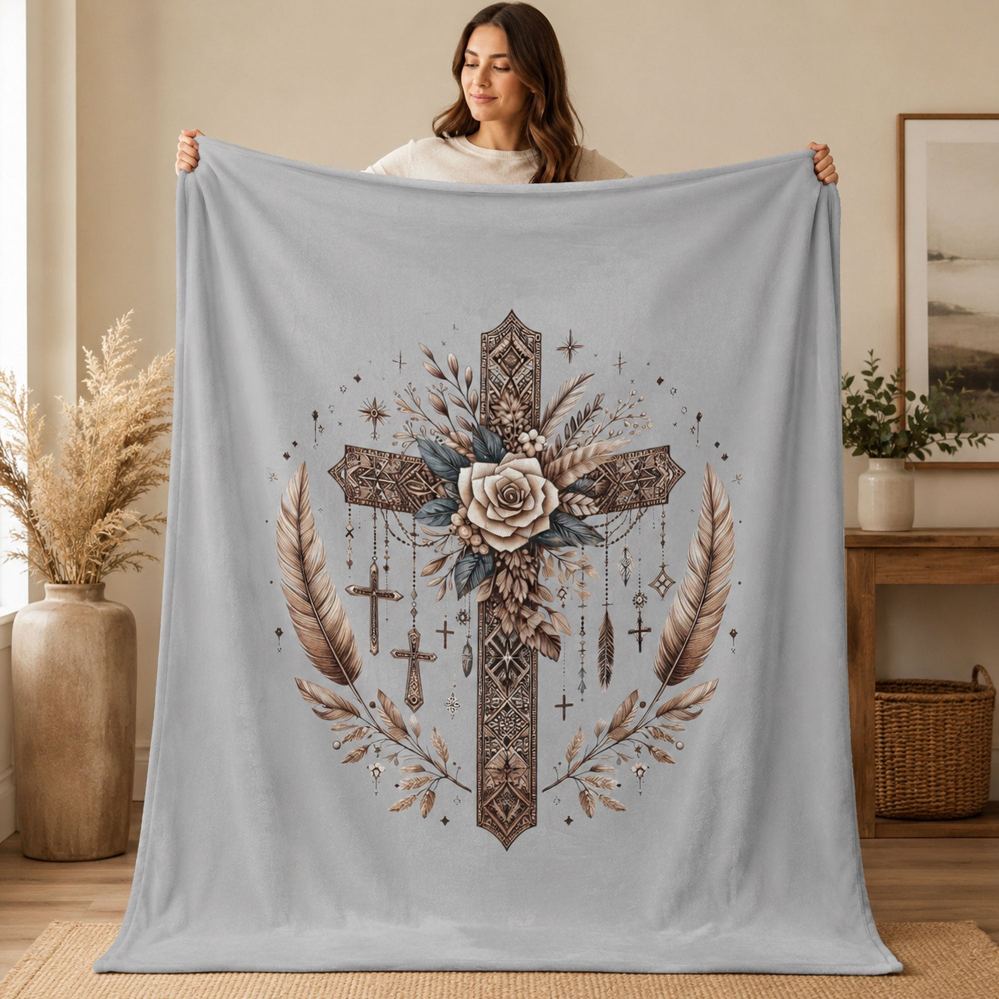 Boho Floral Cross Fleece Blanket, Christian Faith Throw, Religious Gift for Women