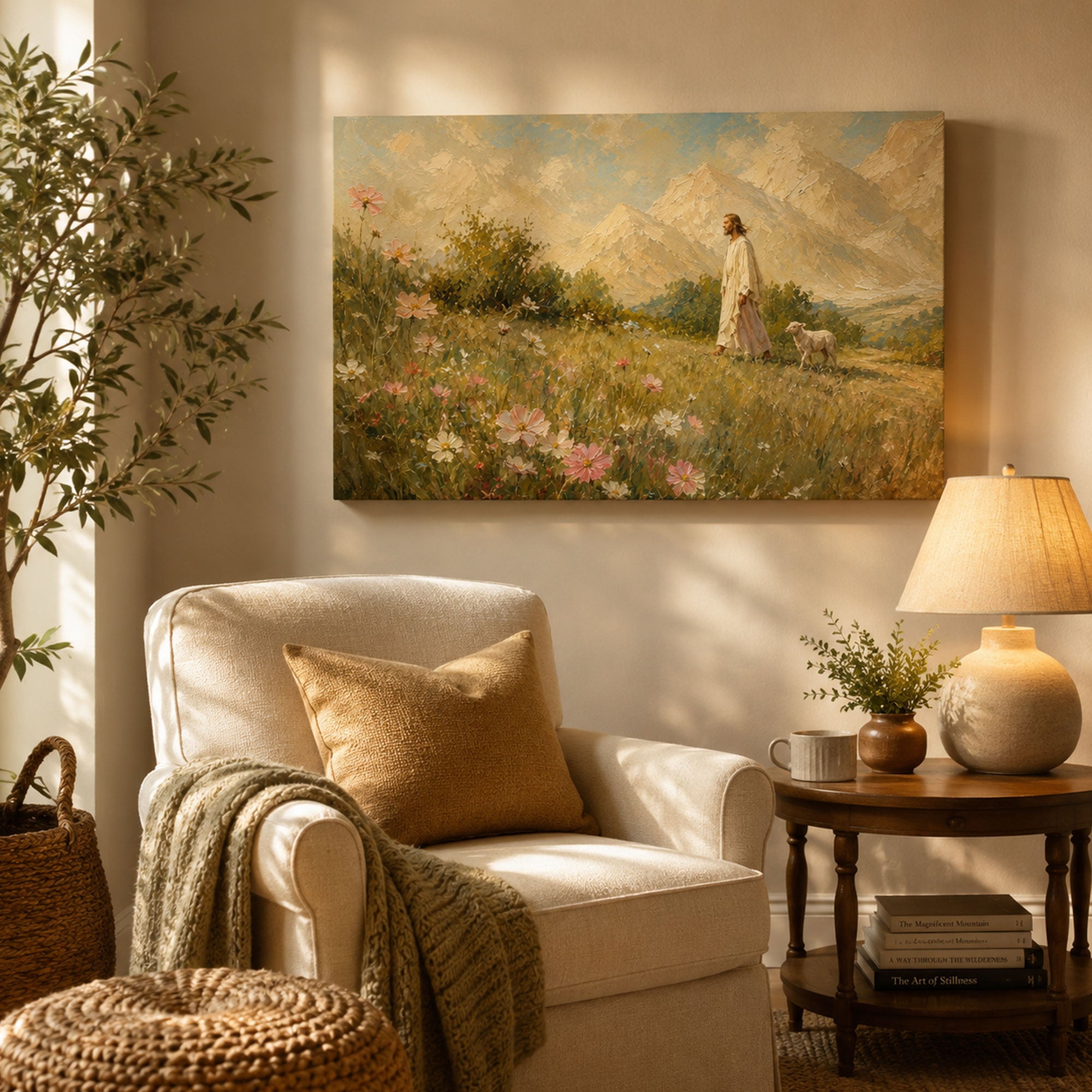 Good Shepherd Jesus Panoramic Canvas Print, Mountain Meadow Christian Wall Art, Faith Home Decor Gift