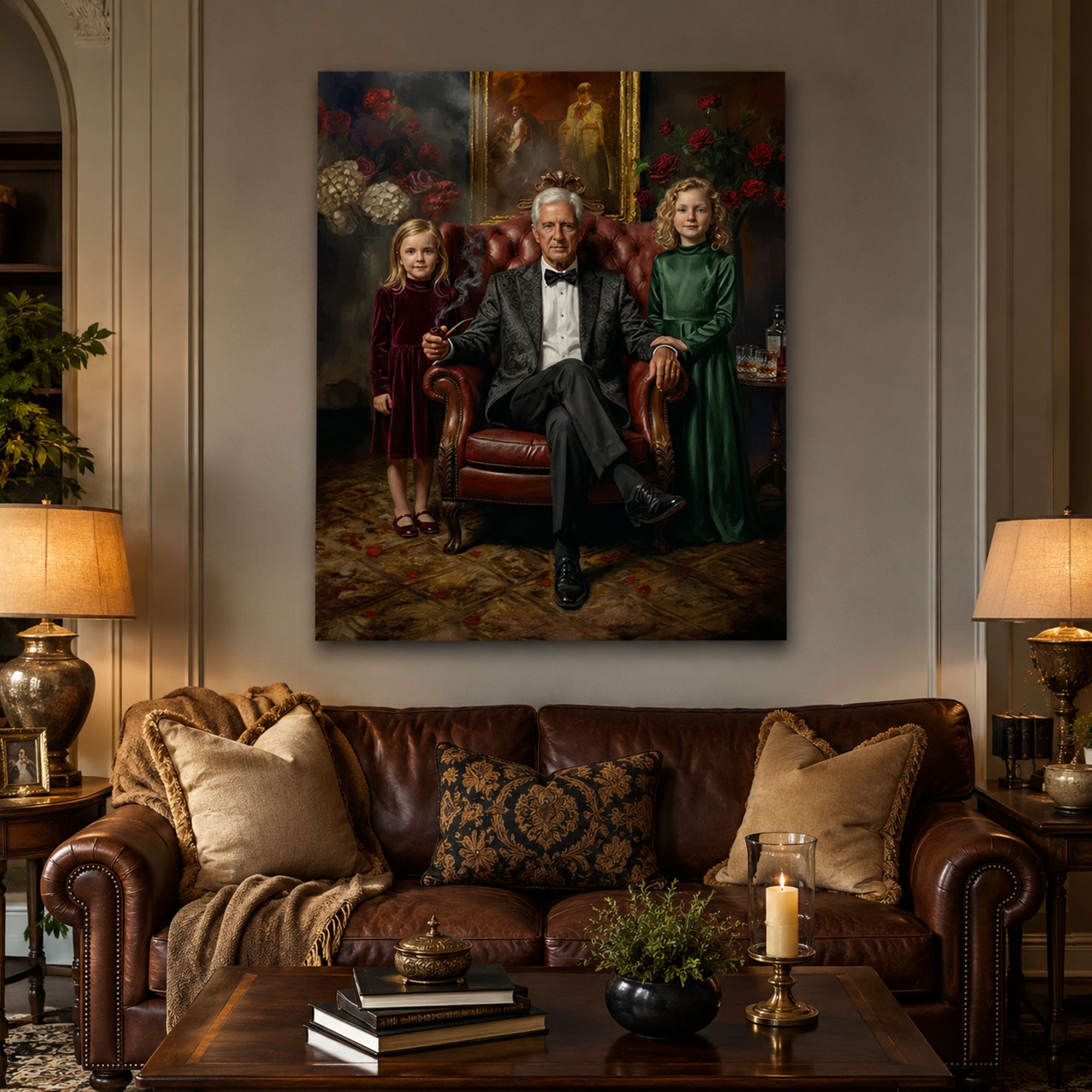 Custom Godfather Grandpa And Grandchildren Canvas Print, Personalized Mafia Boss Family Portrait Wall Art, Father’s Day Gift For Grandpa