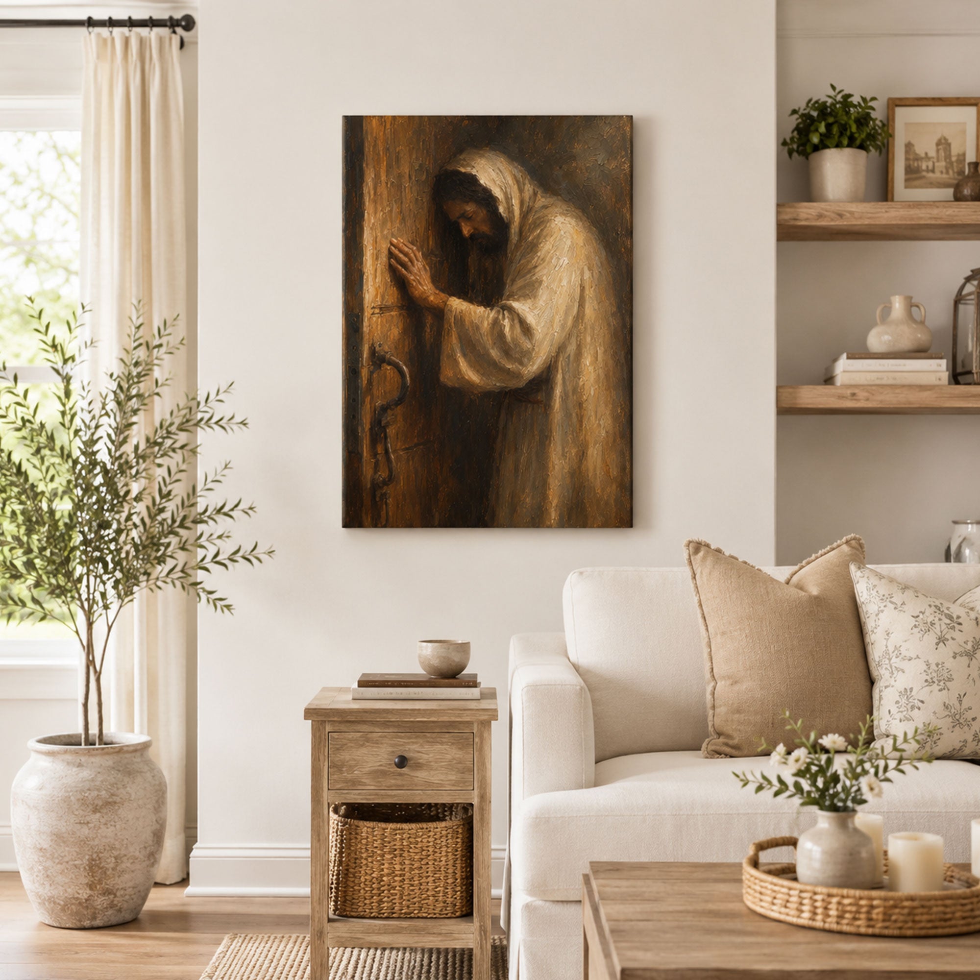 Revelation 3:20 Behold I Stand at the Door Canvas Print, Christian Home Decor