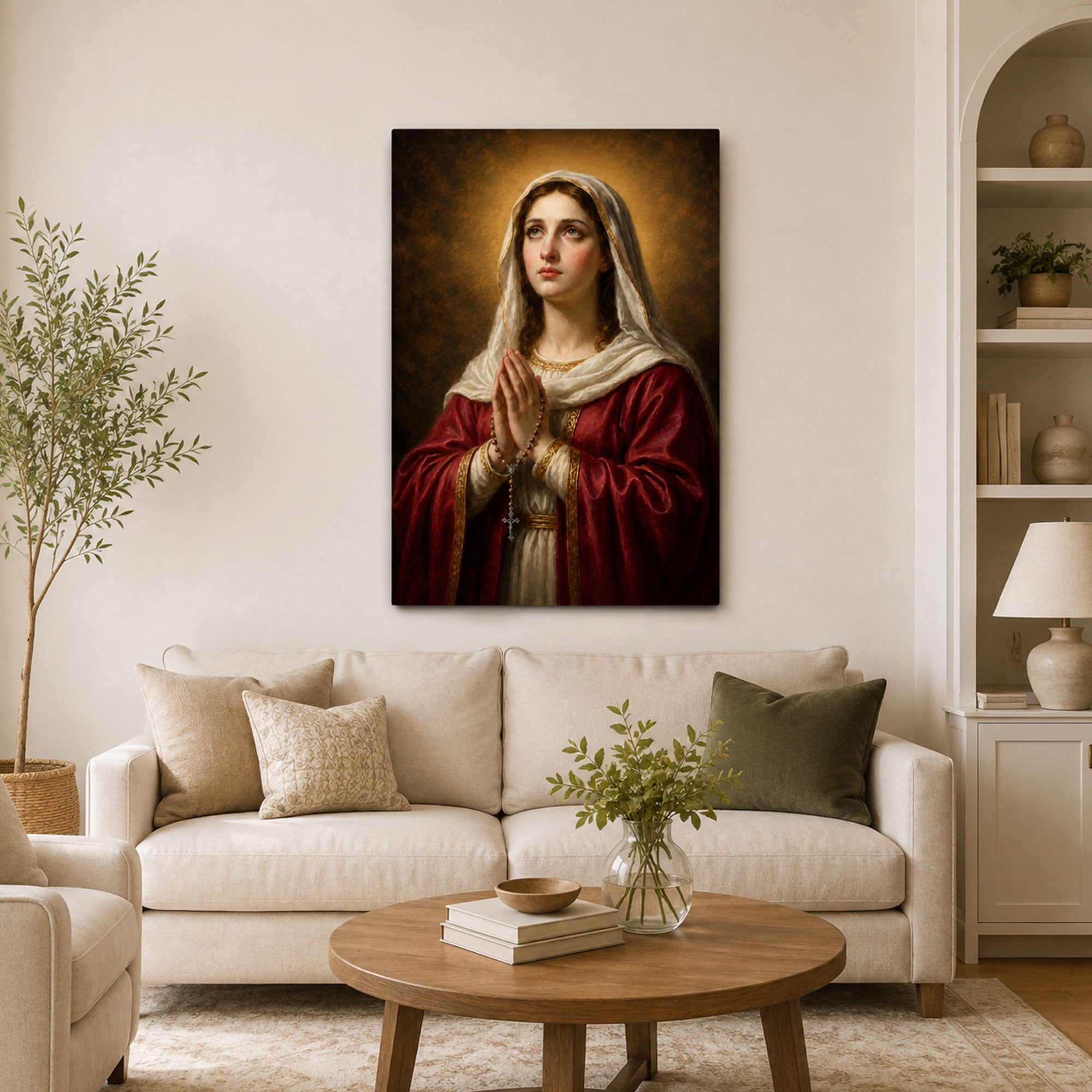 Virgin Mary Praying with Rosary Canvas Print, Catholic Wall Decor, Marian Faith Gift