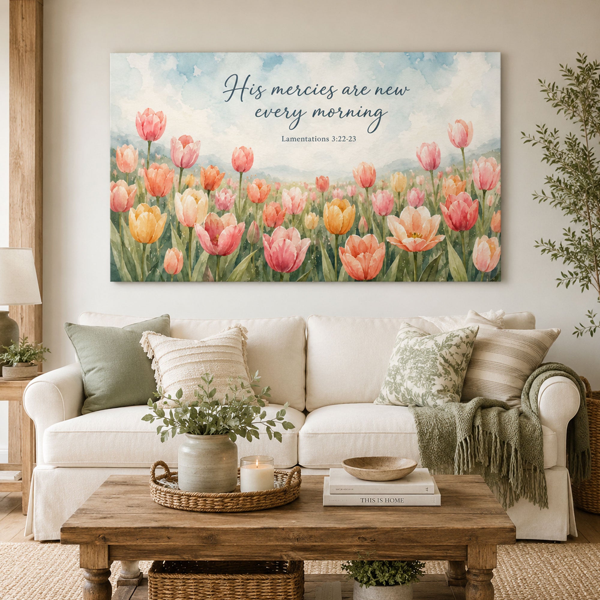 His Mercies Are New Every Morning Canvas Print, Lamentations 3:22-23 Christian Bible Verse Wall Art, Faith Bedroom Decor Gift