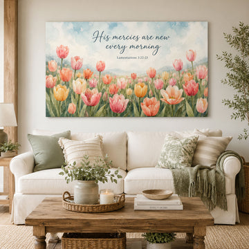 His Mercies Are New Every Morning Canvas Print, Lamentations 3:22-23 Christian Bible Verse Wall Art, Faith Bedroom Decor Gift