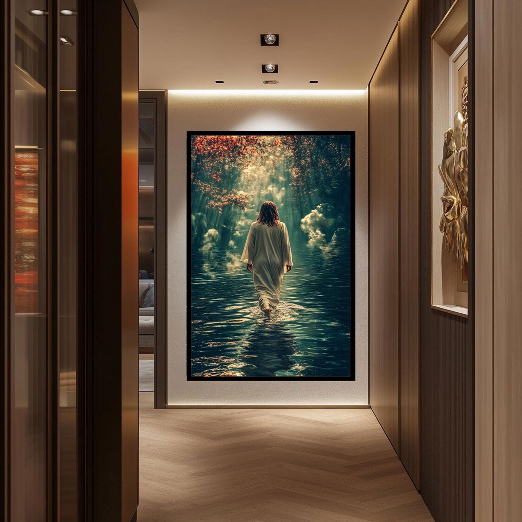 Jesus Walking on Water Canvas Print, Spiritual Christian Wall Art, Heavenly Light Faith Decor for Home