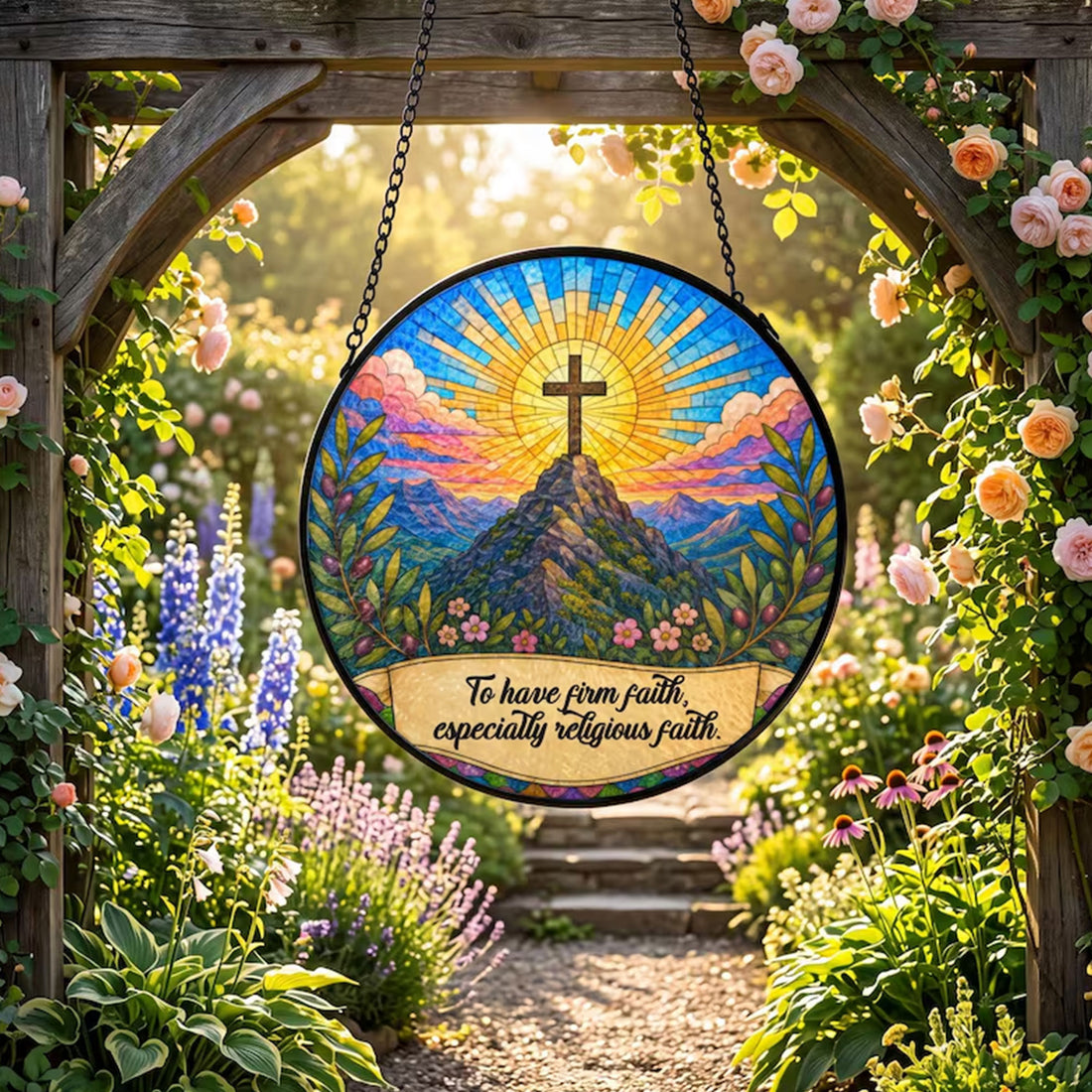 Firm Faith Christian Cross Suncatcher, Mountain Sunrise Window Hanging, Inspirational Religious Gift