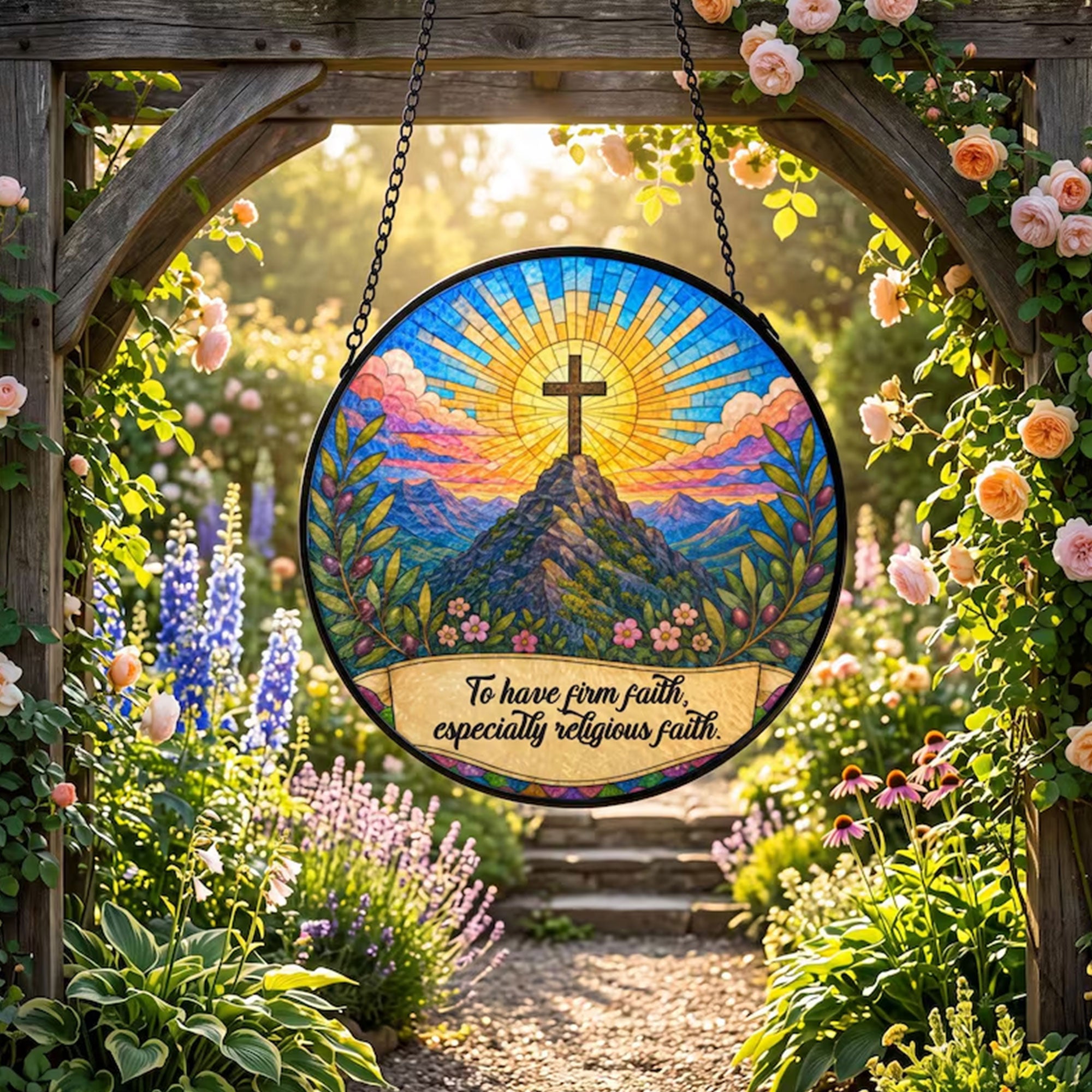 Firm Faith Christian Cross Suncatcher, Mountain Sunrise Window Hanging, Inspirational Religious Gift