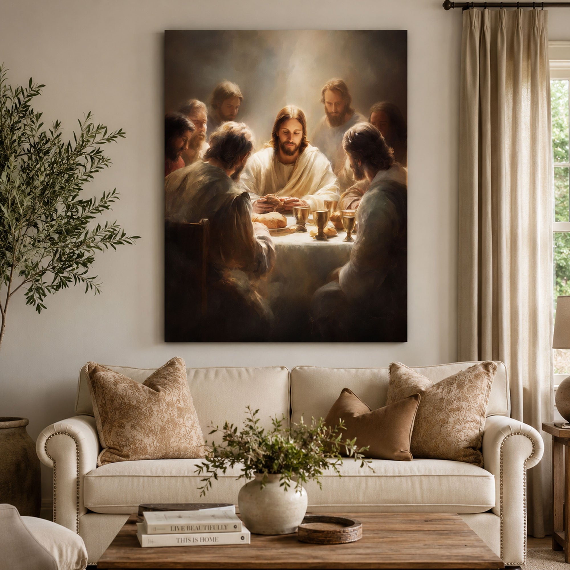 Last Supper Wall Art, Jesus Breaking Bread Canvas Print, Holy Communion Christian Faith Decor