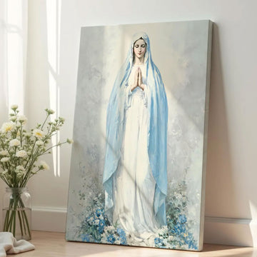Virgin Mary Prayer Art Blue White Catholic Wall Decor, Our Lady of Lourdes Canvas Print