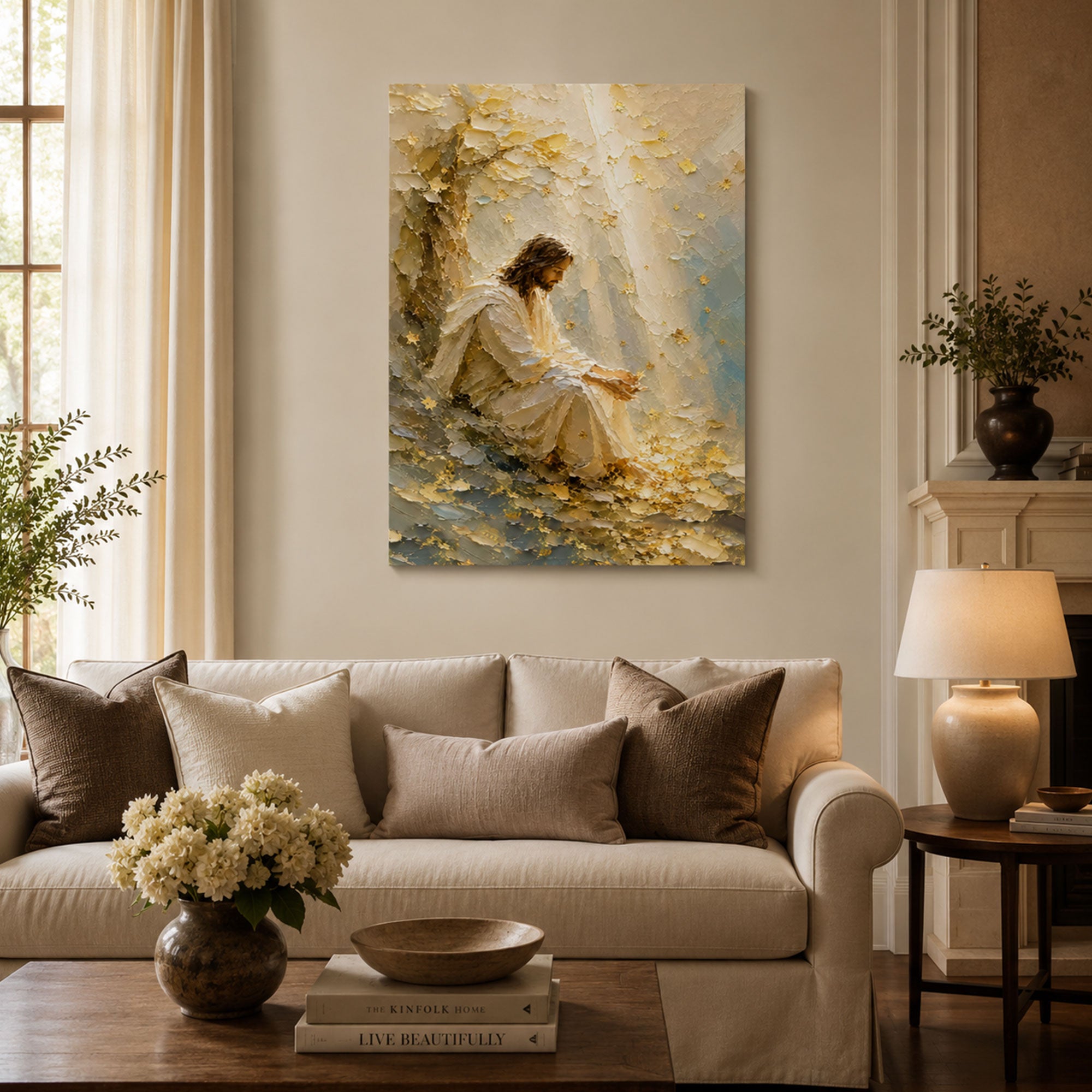 Jesus in Quiet Reflection Canvas Print, Peaceful Christian Wall Art, Soft Neutral Faith Home Decor