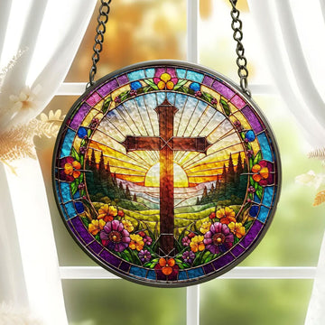 Christian Cross Stained Glass Suncatcher, Floral Window Hanging Decor, Religious Home Decor, Memorial Gift