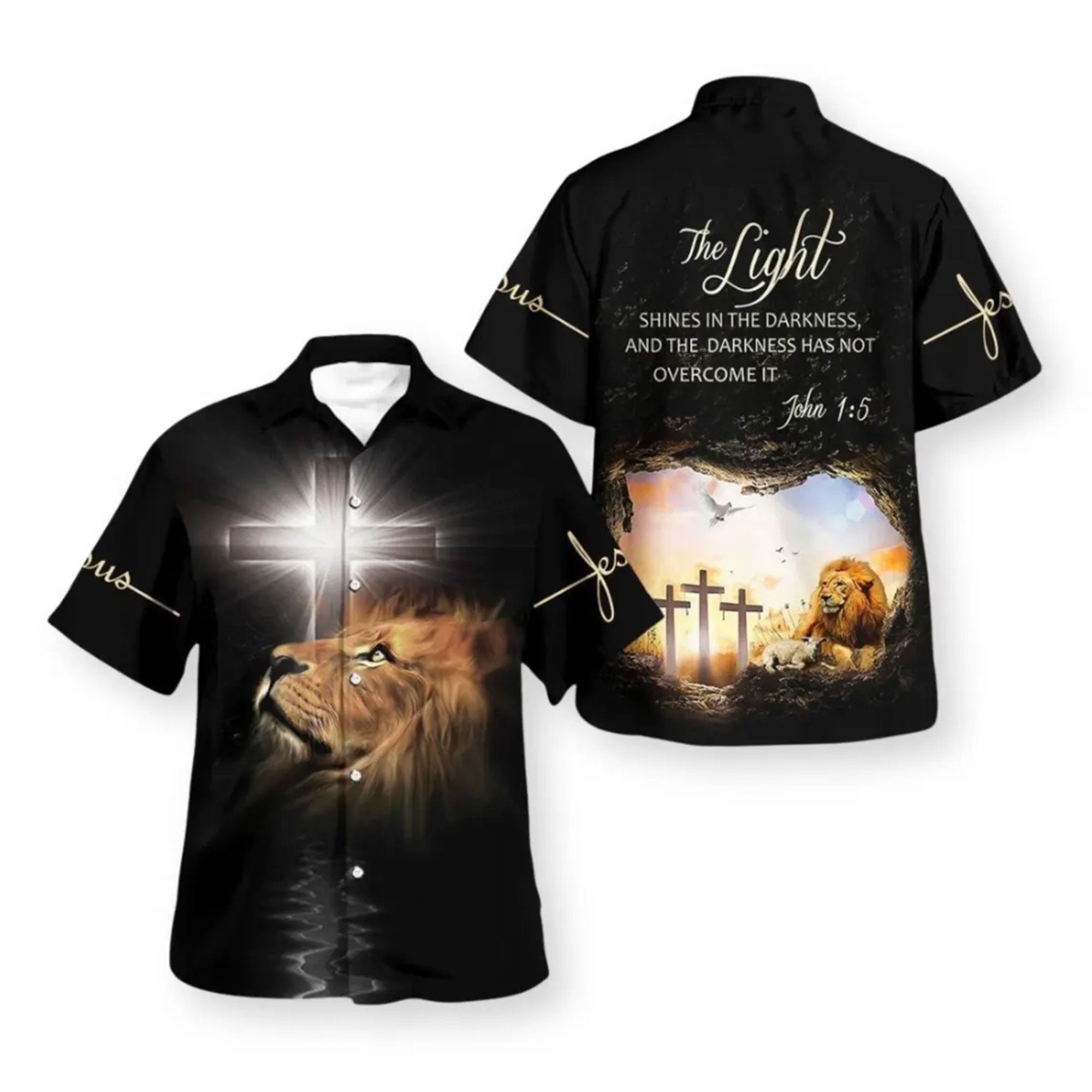 Christian Lion Cross Hawaiian Shirt, John 1:5 Bible Verse Aloha Shirt, Faith Summer Shirt