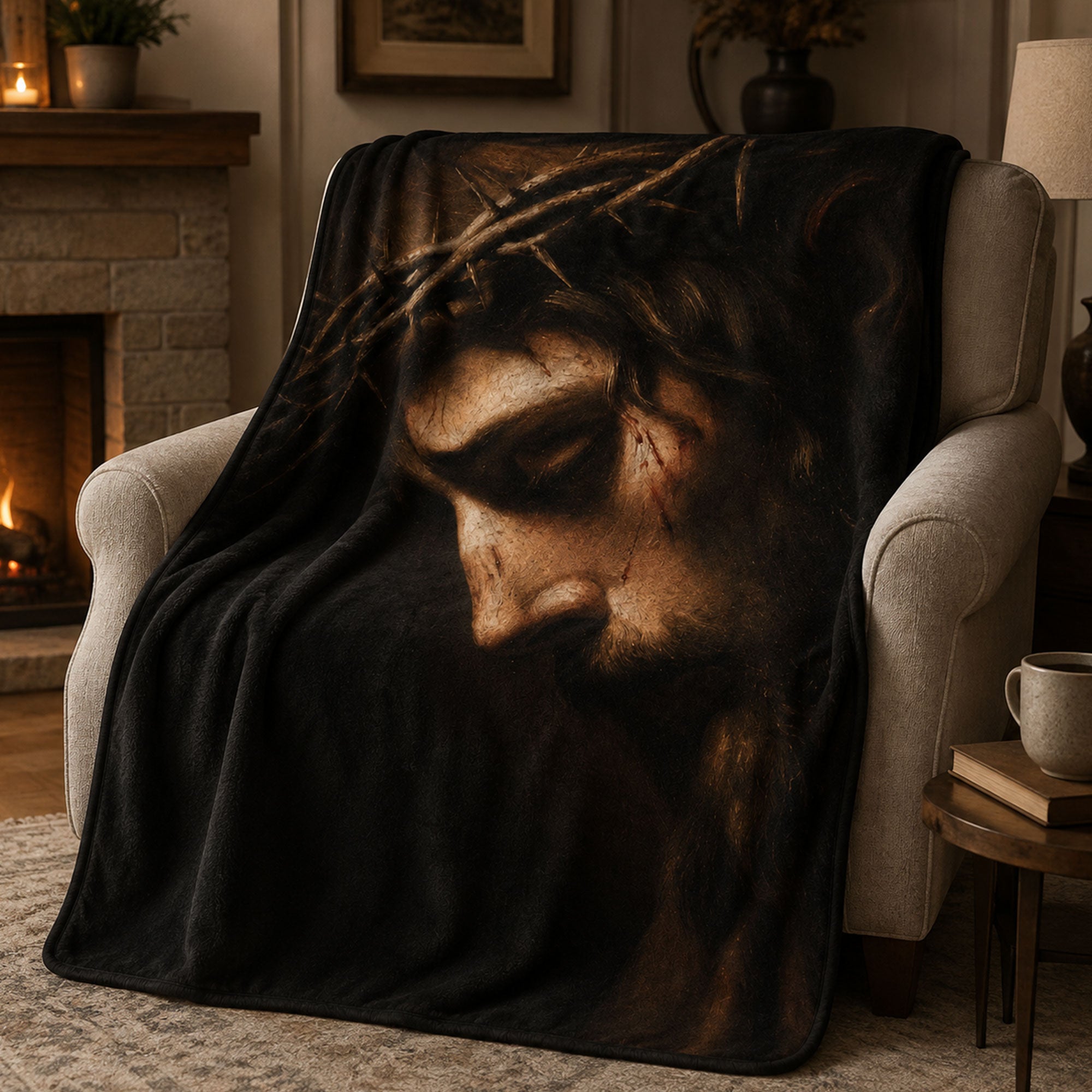 Jesus Crown of Thorns Fleece Blanket, Passion of Christ Christian Throw, Faith Gift for Believers
