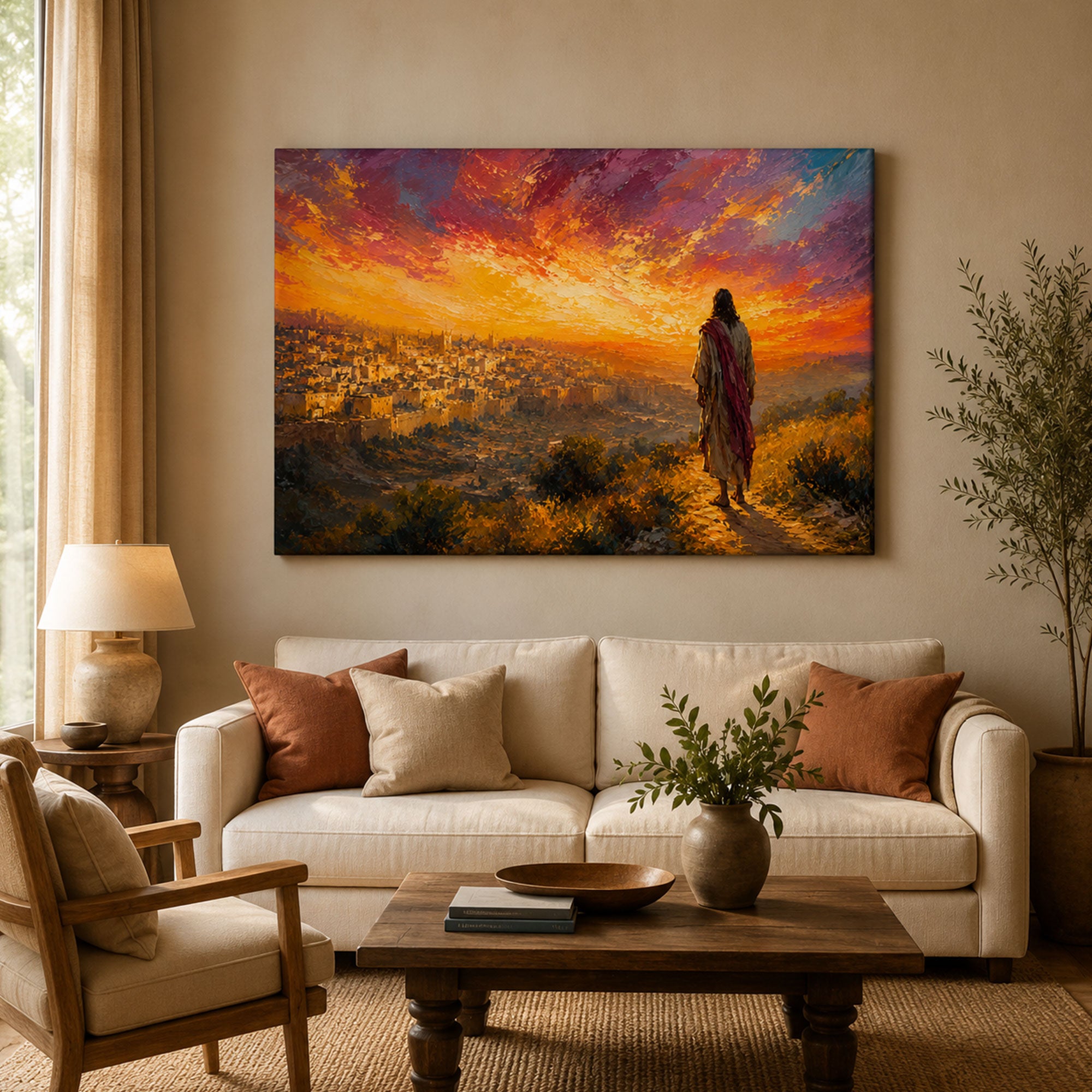 Jesus Over Jerusalem Canvas Print, Christian Wall Art, Holy City Sunset Faith Home Decor