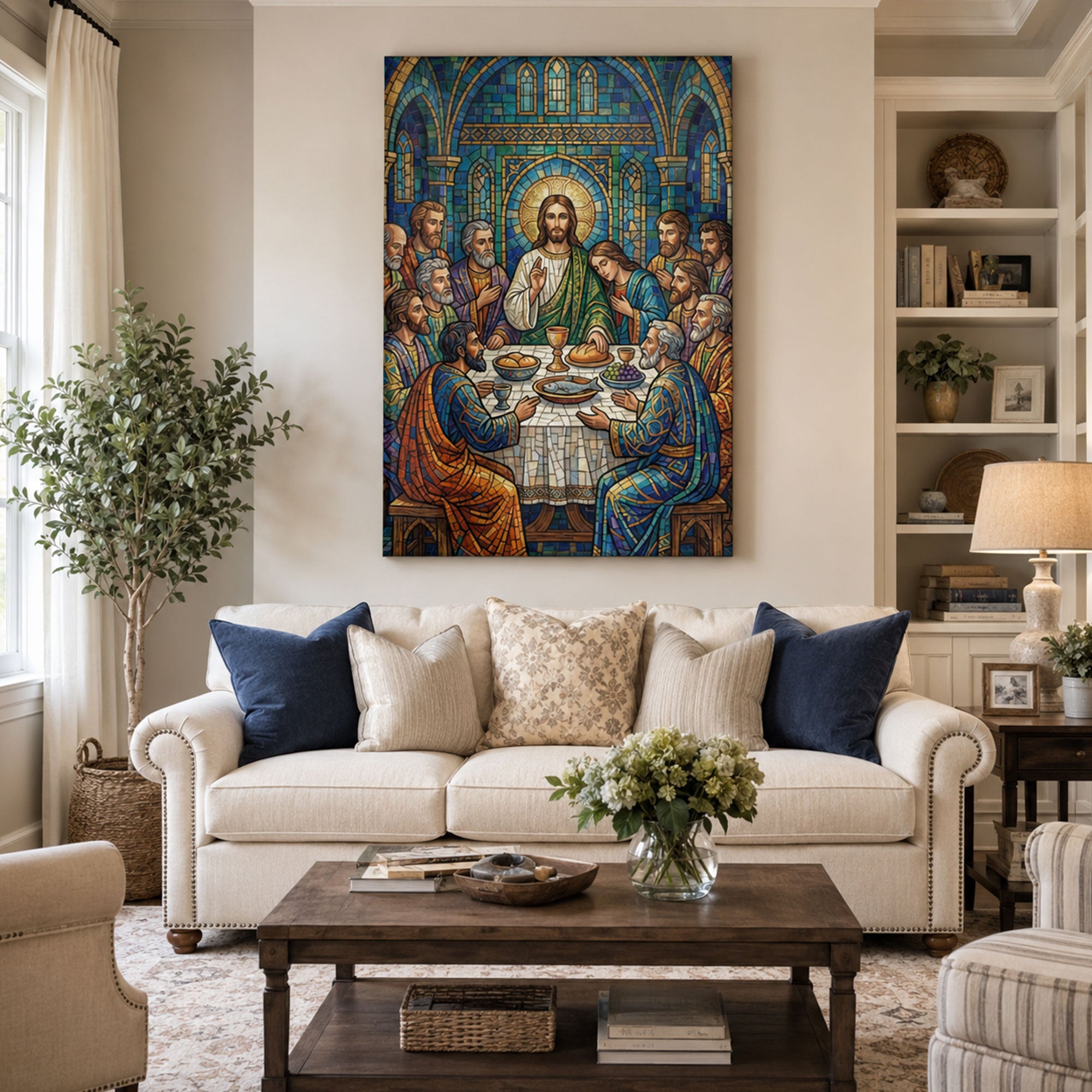 Last Supper Stained Glass Canvas Print, Christian Eucharist Wall Art, Catholic Faith Home Decor