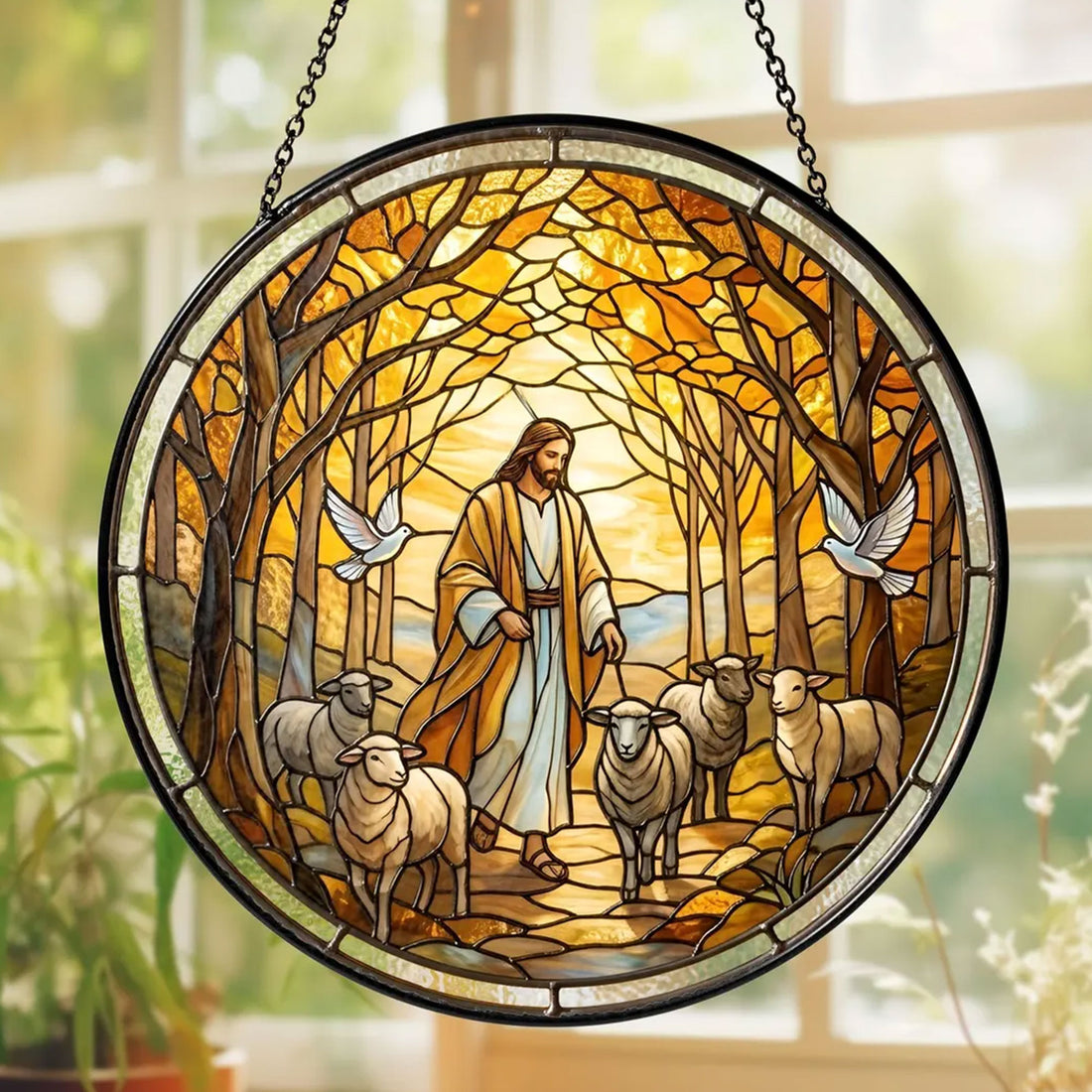 Jesus Good Shepherd Stained Glass Suncatcher, Christian Window Hanging Decor, Religious Faith Gift, Christ Wall Art