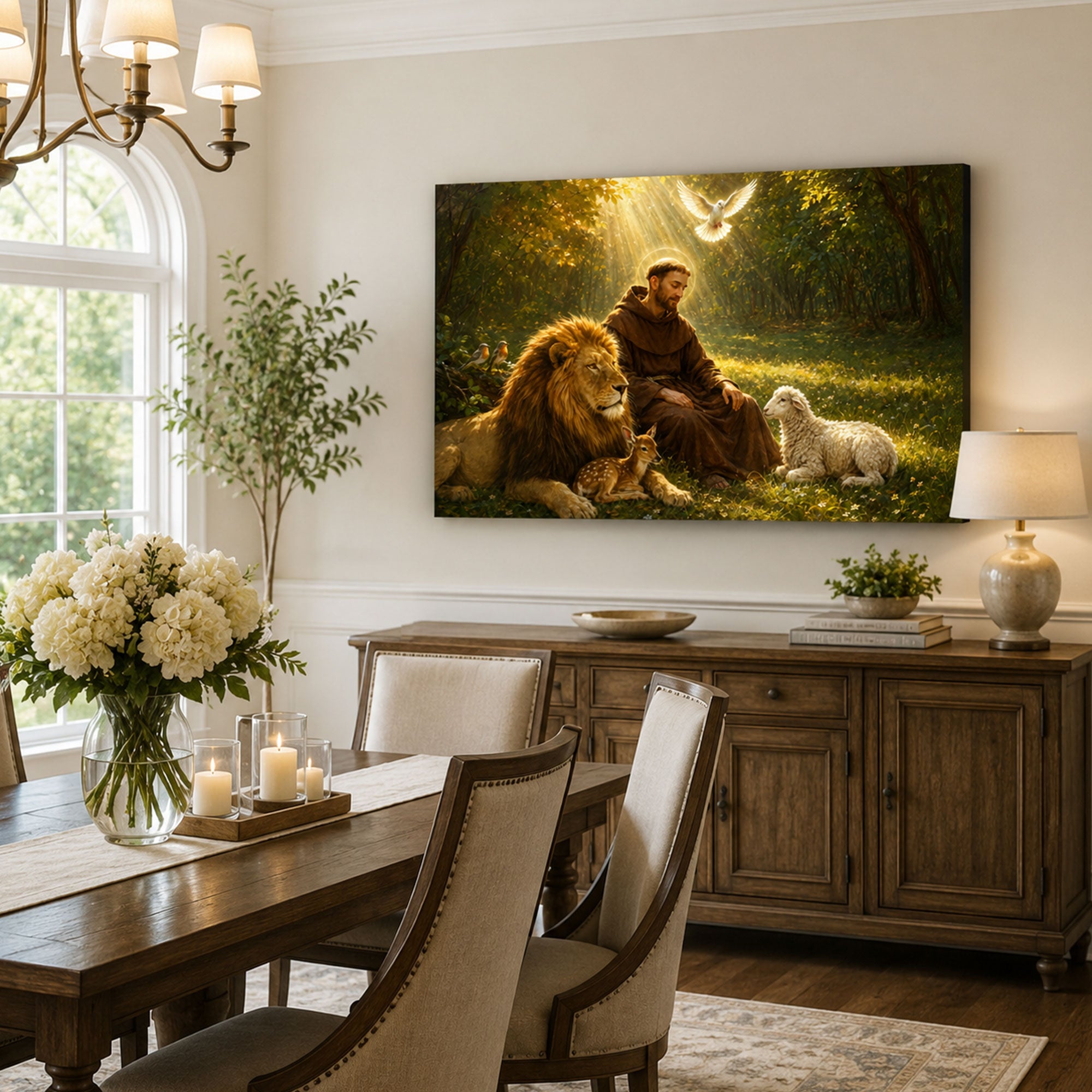 Saint Francis of Assisi with Animals Canvas Print, Catholic Saint Wall Art, Peaceful Faith Home Decor Gift