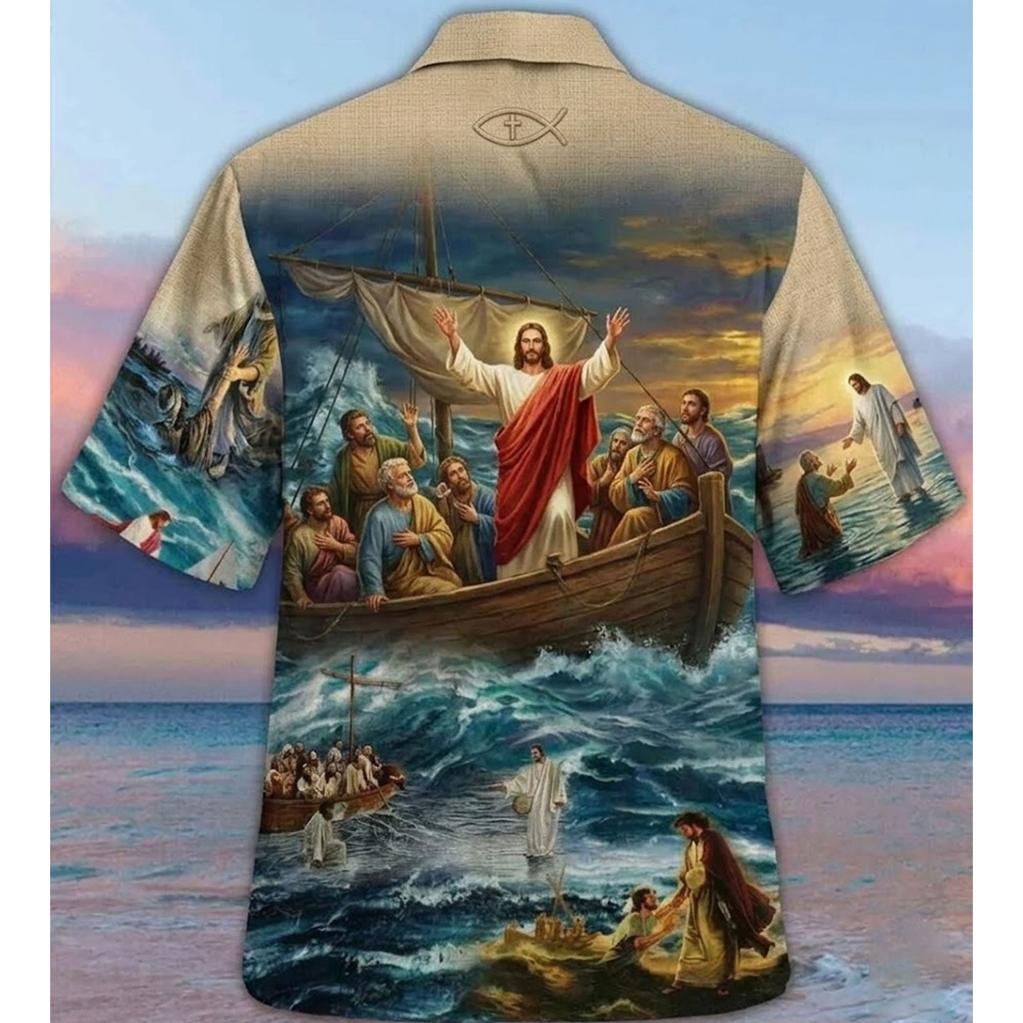 Jesus Walking on Water Hawaiian Shirt, Biblical Christian Aloha Shirt, Faith Summer Shirt