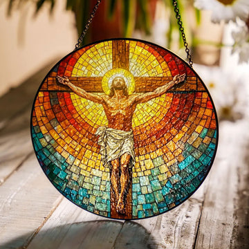 Jesus Crucifix Stained Glass Suncatcher, Christian Window Hanging, Cross Decor Gift for Home