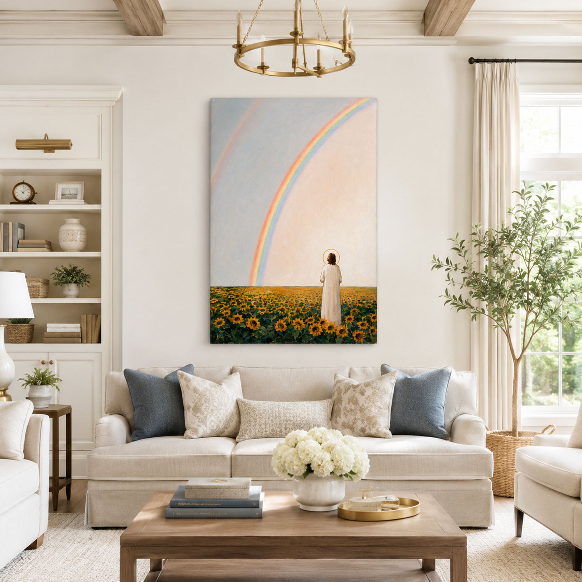 Jesus Beneath the Promise Rainbow Canvas Print, Sunflower Christian Decor