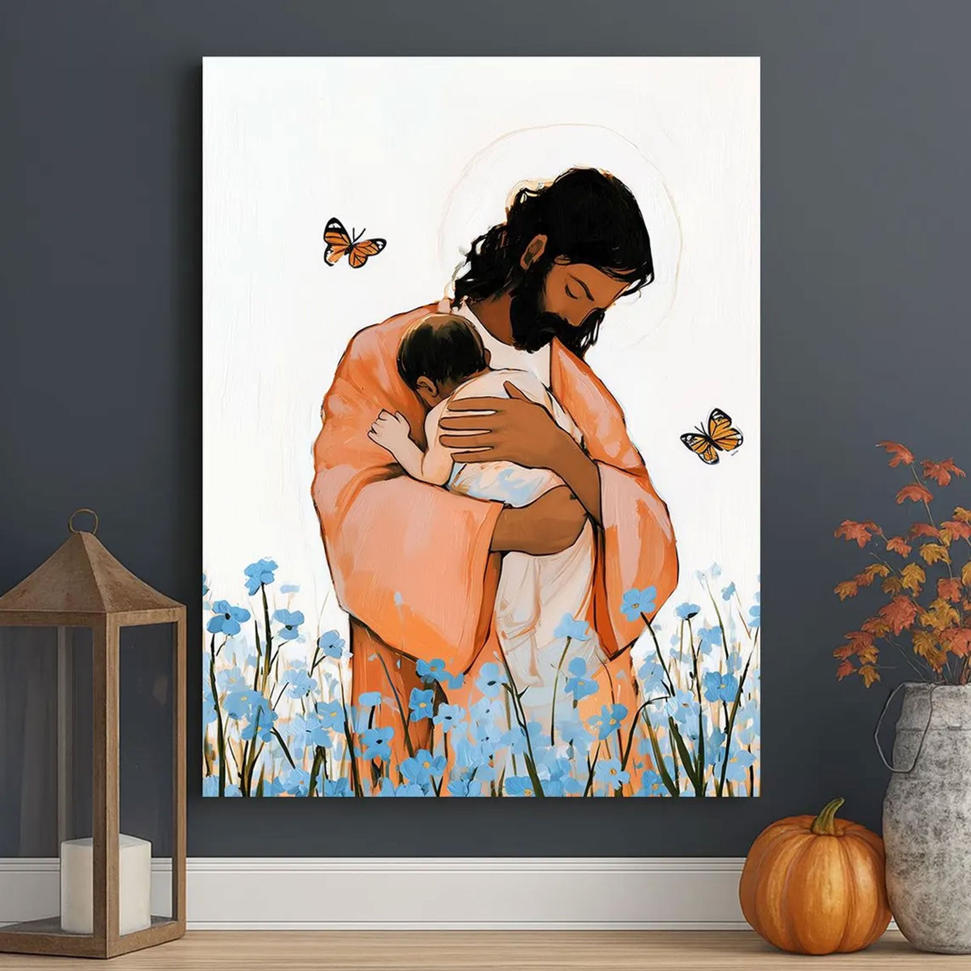 Jesus Holding Child Canvas Wall Art, Heavenly Embrace Painting, Christian Comfort Decor, Faith Inspired Nursery Artwork, Spiritual Gift